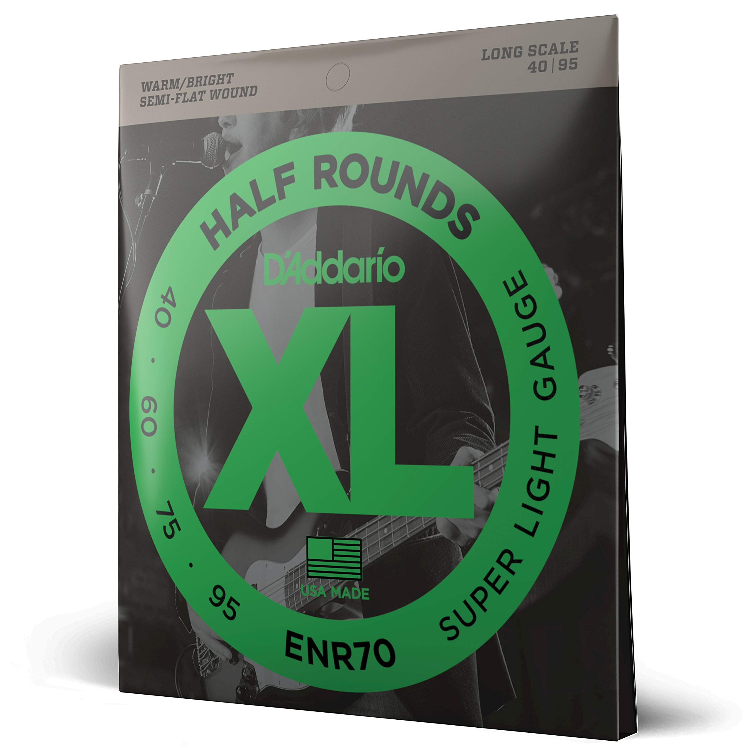 D'Addario XL Nickel Half Round Bass Guitar Strings ENR70 - Long Scale, Super Light Gauge 40-95, 4-String Set (Pack of 1) - Perfect for Jazz, Blues & Rock Bass Players