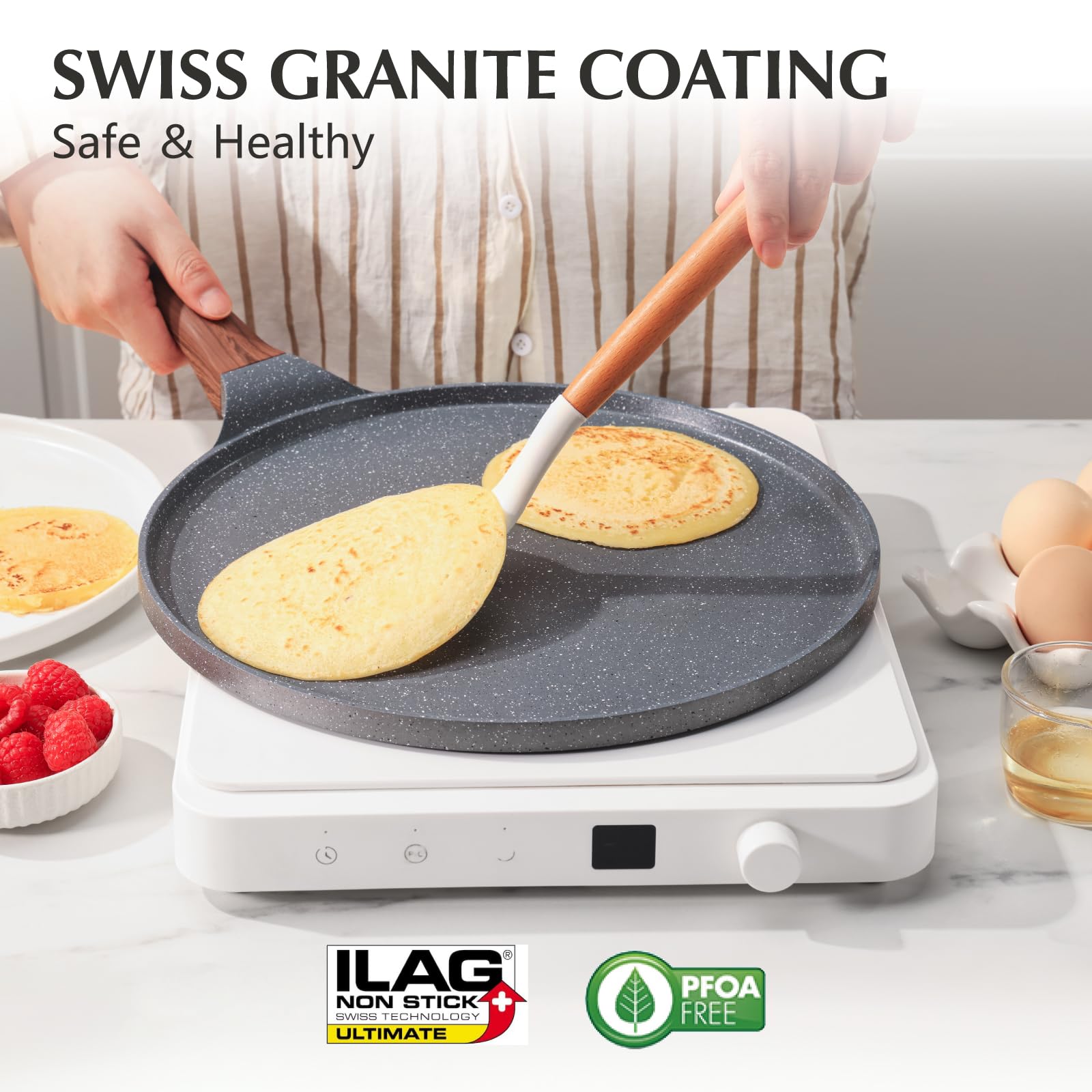 **SENSARTE 10-Inch Nonstick Crepe Pan - Swiss Granite Coating, Induction Compatible, PFOA Free - Perfect for Pancakes, Dosas, Flatbreads & More**    **Use Cases:** Ideal for making crepes, pancakes, dosas, omelets, quesadillas, and other delicate dishes with effortless nonstick performance.