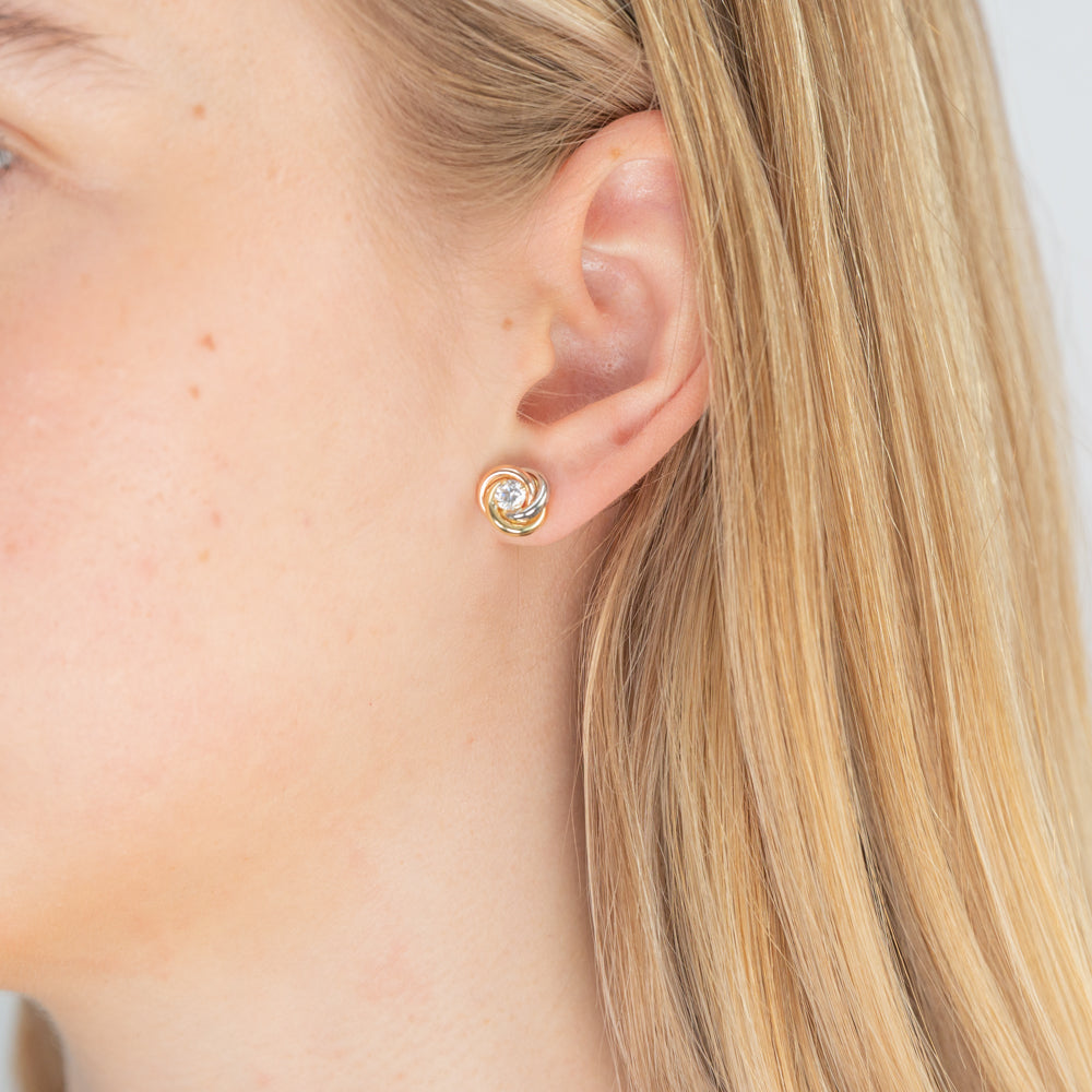 9ct Gold 3-Tone 4mm Cubic Zirconia Knot Stud Earrings for Women - Elegant Jewelry Gift for Wedding, Anniversary & Everyday Wear
