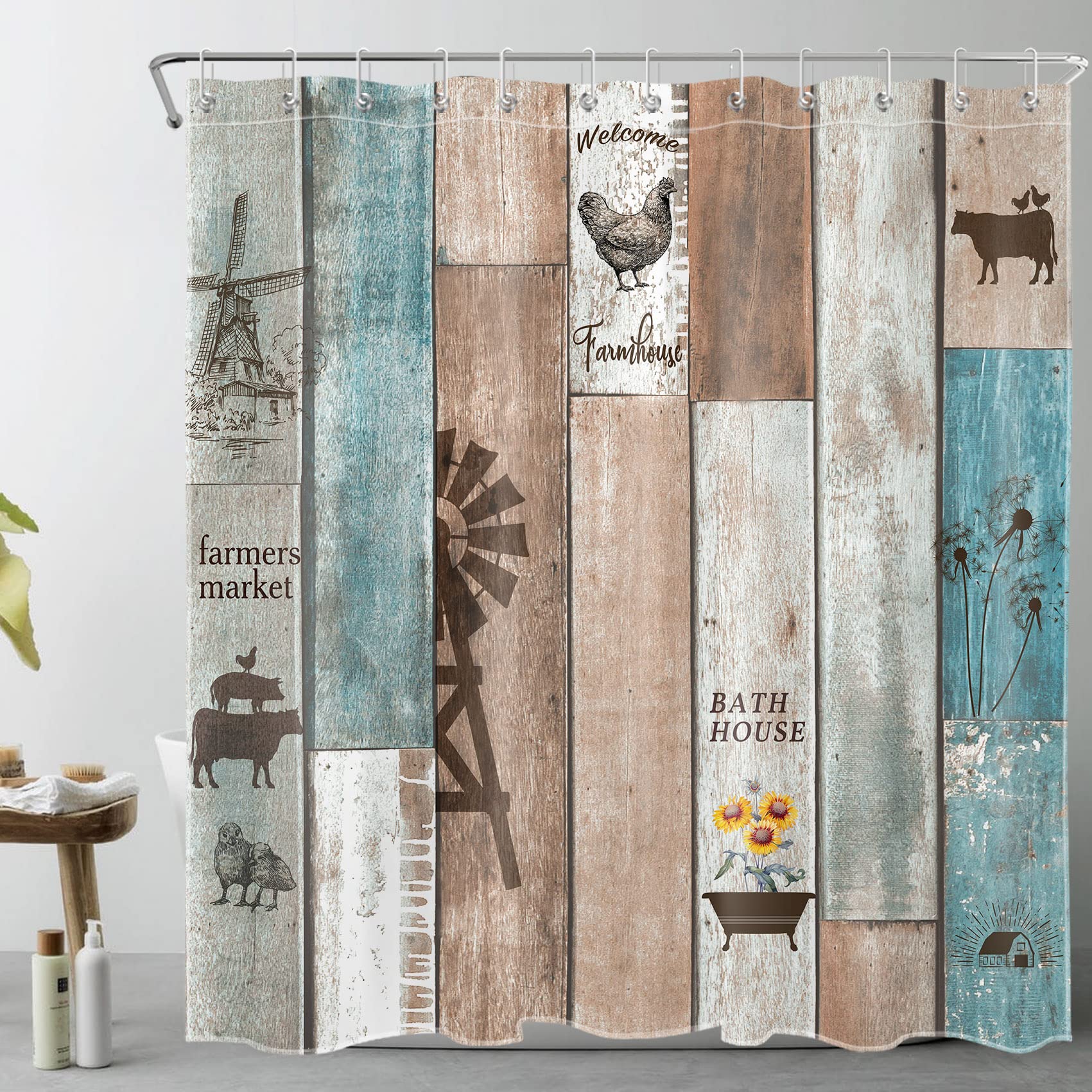 Vintage Farmhouse Shower Curtain - Rustic Country Wood & Sunflower Floral Design with Farm Animal Print, 72x72 Inches Bathroom Decor with Hooks - Perfect for Farmhouse, Cottage, or Rustic Themed Bathrooms