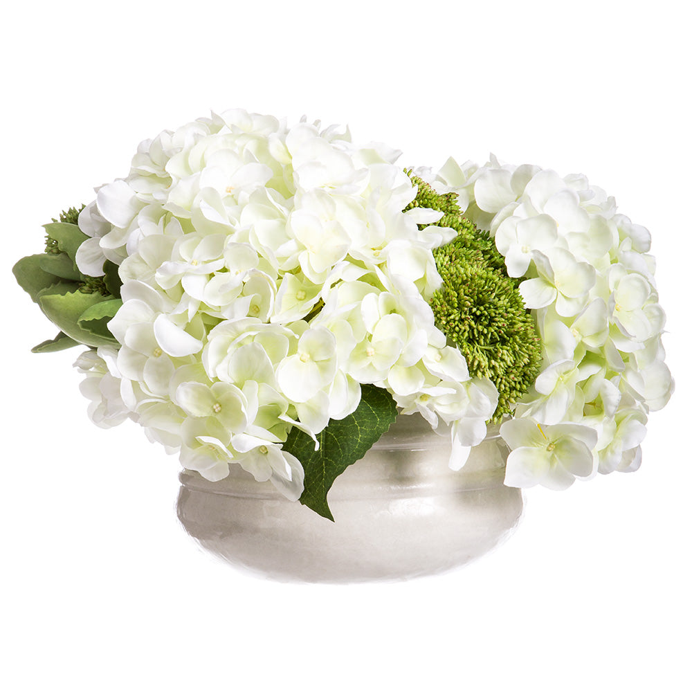 10Hx16W Hydrangea & Sedum Silk Flower Arrangement with Planter - Cream & Green Home Decor for Living Room, Bedroom, or Office