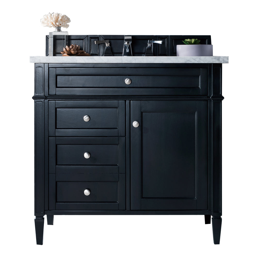 Brittany 36-Inch Black Onyx Bathroom Vanity with 3CM Arctic Fall Solid Surface Top - Modern Single Sink Vanity for Small Bathrooms, Powder Rooms & Master Baths