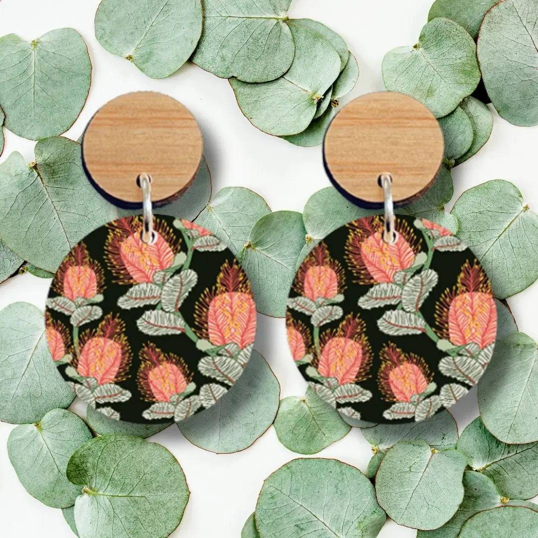 Handmade Coral Banksia Flower Wooden Earrings for Women - Boho Chic Dangle Earrings - Lightweight & Hypoallergenic - Perfect for Festivals, Weddings & Everyday Wear