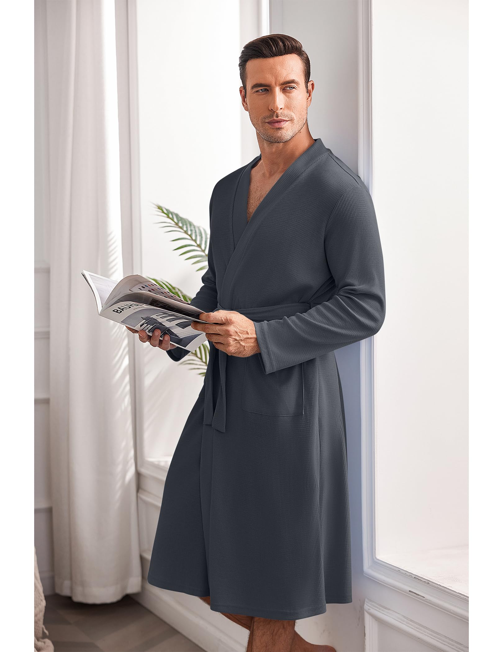 Ekouaer Men's Lightweight Waffle Knit Bathrobe - Soft Kimono Spa Robe with Pockets, V-Neck Long Sleeve Sleepwear for Shower, Lounge & Relaxation at Home