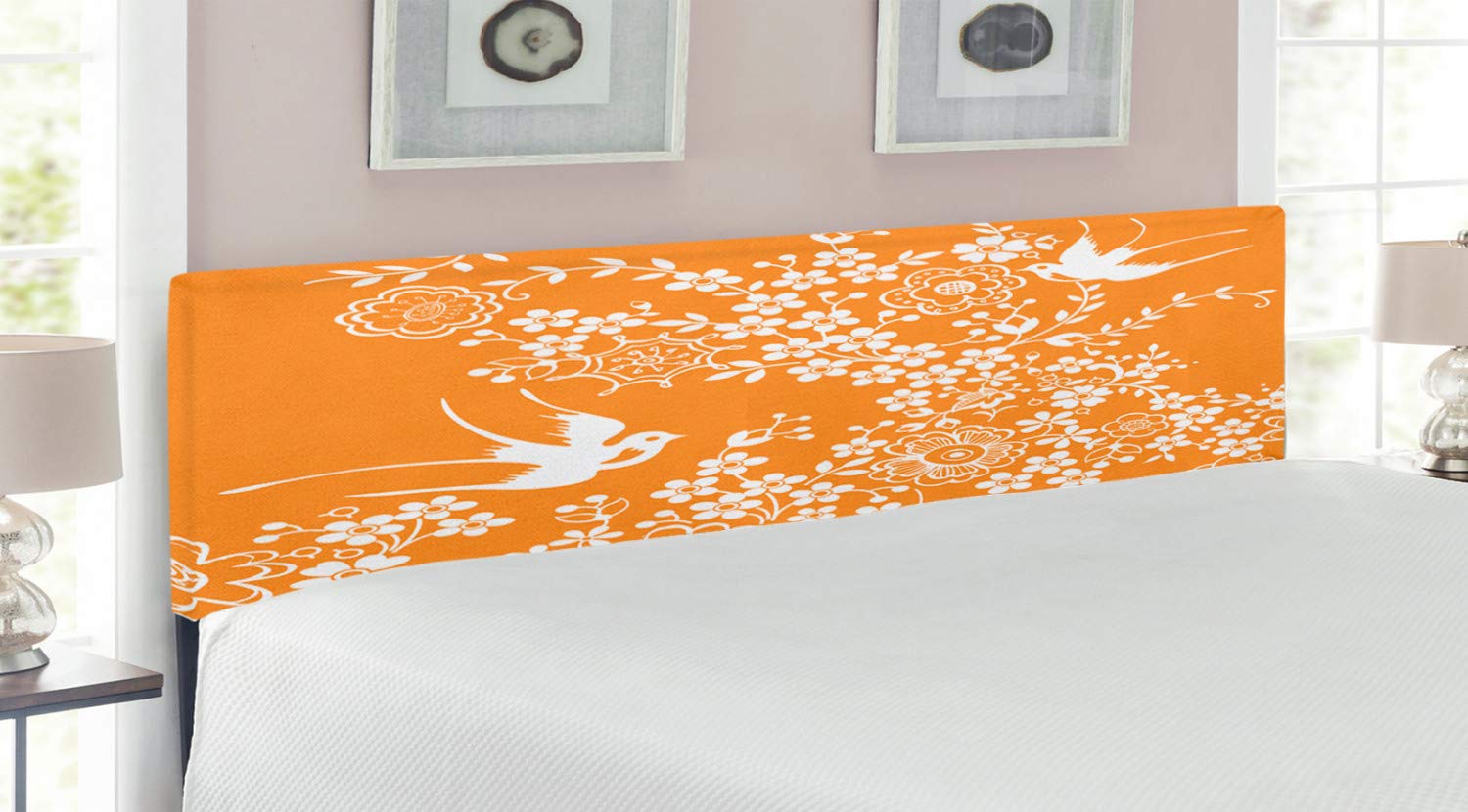 Ambesonne Japanese Style King Size Headboard - Oriental Floral & Flying Birds Pastel Spring Pattern Upholstered Decorative Metal Bed Frame with Memory Foam in Marigold White | Perfect for Asian-Themed Bedrooms, Zen Decor & Modern Master Suites