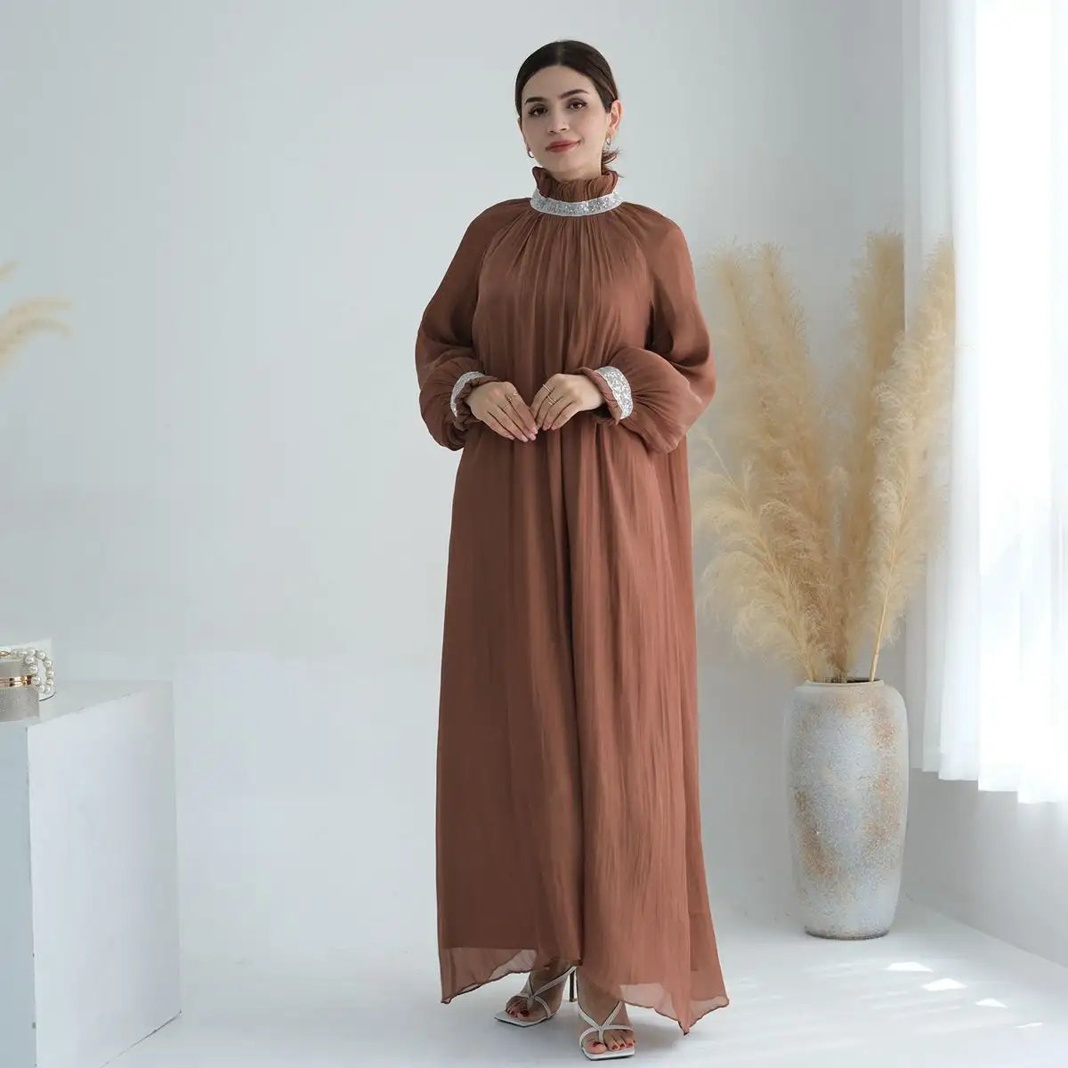 Elegant Shiny Bright Abaya Dress for Muslim Women - Perfect for Prayer, Eid, and Special Occasions