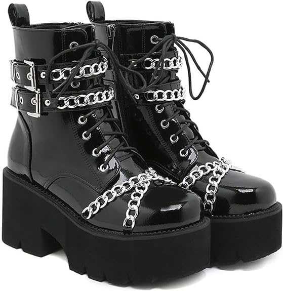 Women's Chunky Heel Platform Ankle Boots - Gothic Punk Motorcycle Combat Riding Boots with Lace Up & Zipper, Round Toe for Casual Outfits, Night Out, Concerts & Street Style Fashion