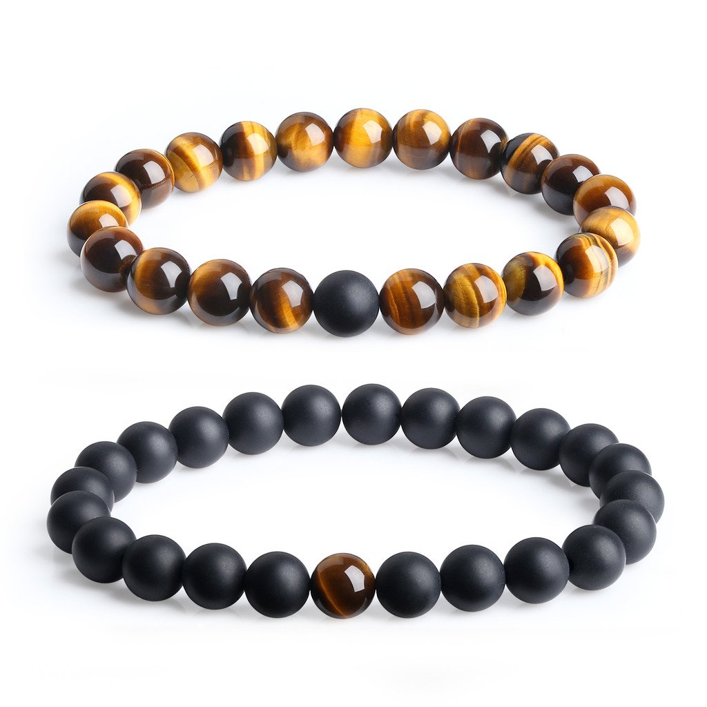 COAI Long Distance Onyx Stone Matching Couples Bracelets - Romantic Gift for LDR Couples, Anniversary & Valentine's Day - Unisex Black Stone Bracelet for Him & Her