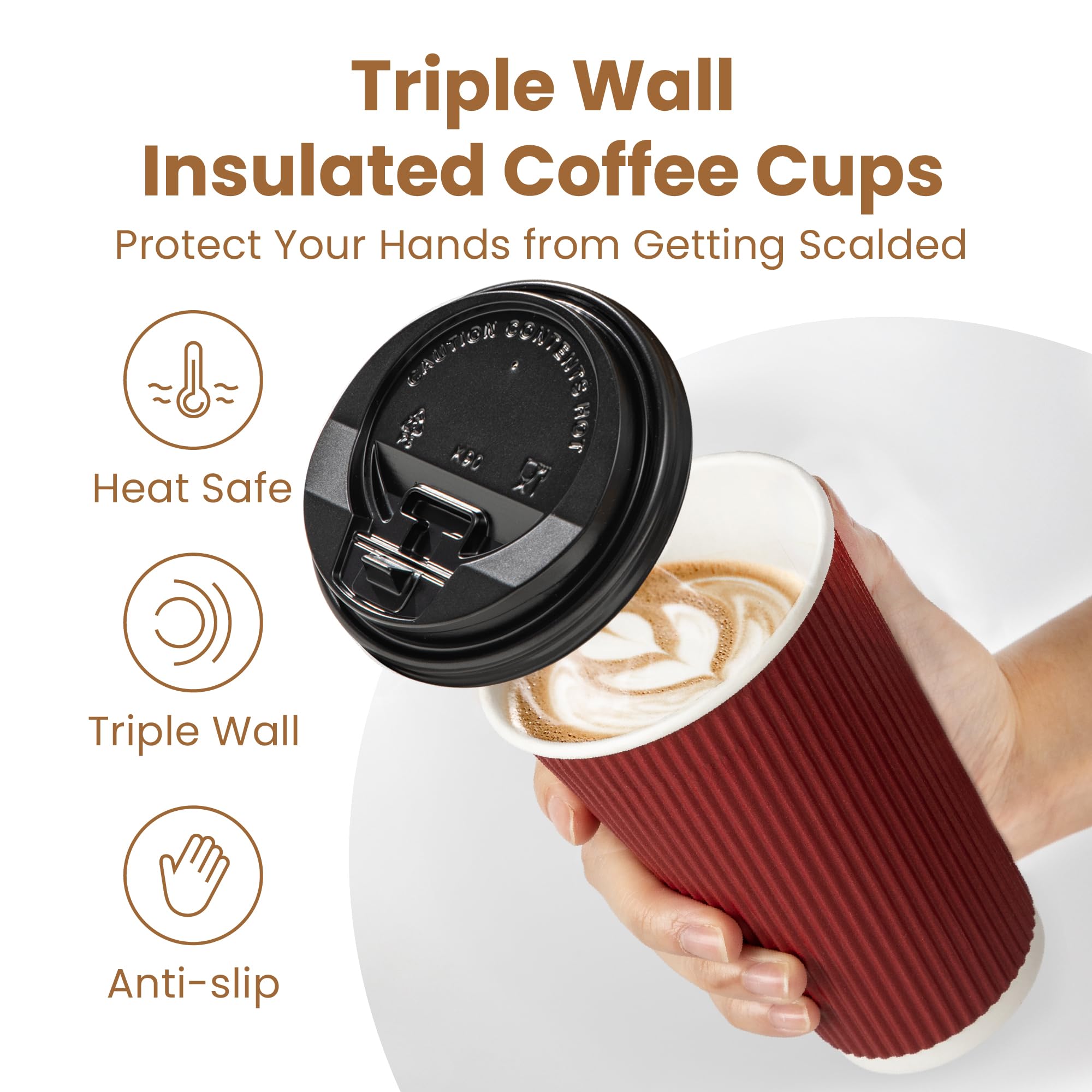 50 Pack 16oz Disposable Coffee Cups with Lids & Stirrers - Triple Wall Corrugated Hot Drink Cups for Coffee, Tea, Hot Chocolate - Perfect for Office, Cafes, Parties, Holidays & Events (Red Cups with Black Lids)
