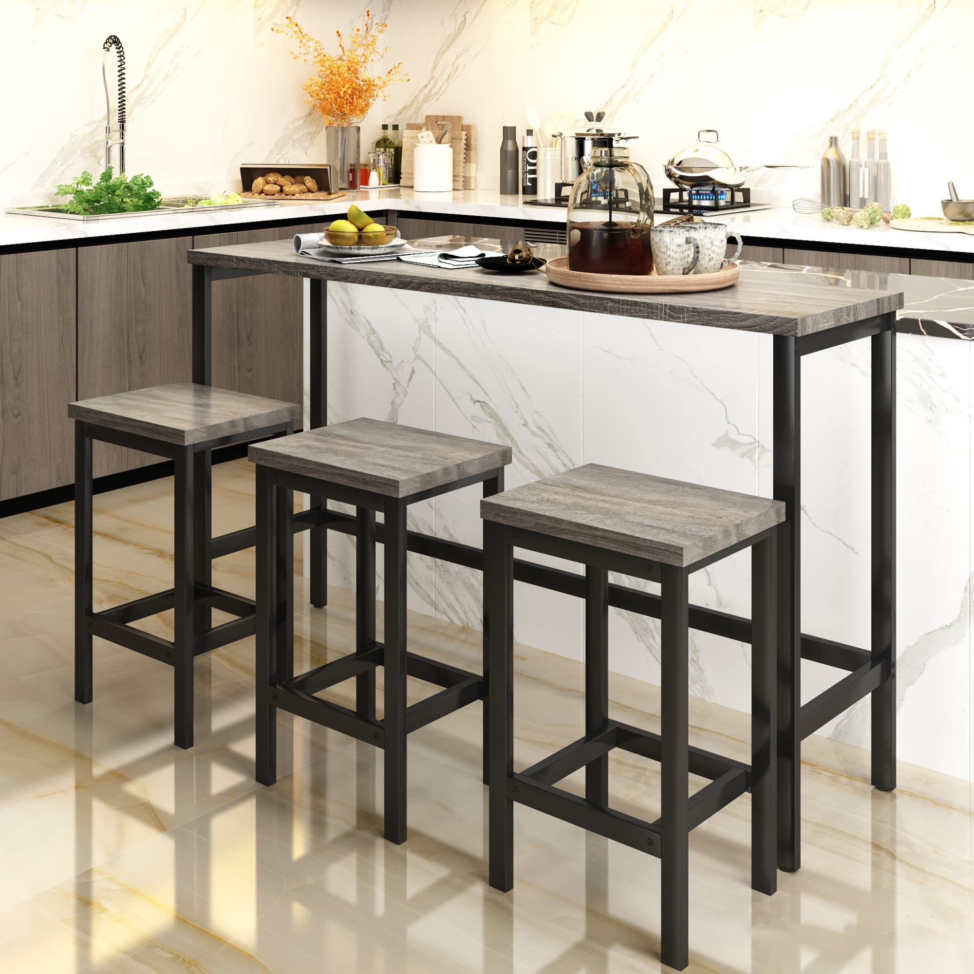 **Merax 4-Piece Dining Table Set with 3 Stools & Footrest - Modern Gray Kitchen & Living Room Bar Table for Small Spaces, Breakfast Nooks & Apartments**