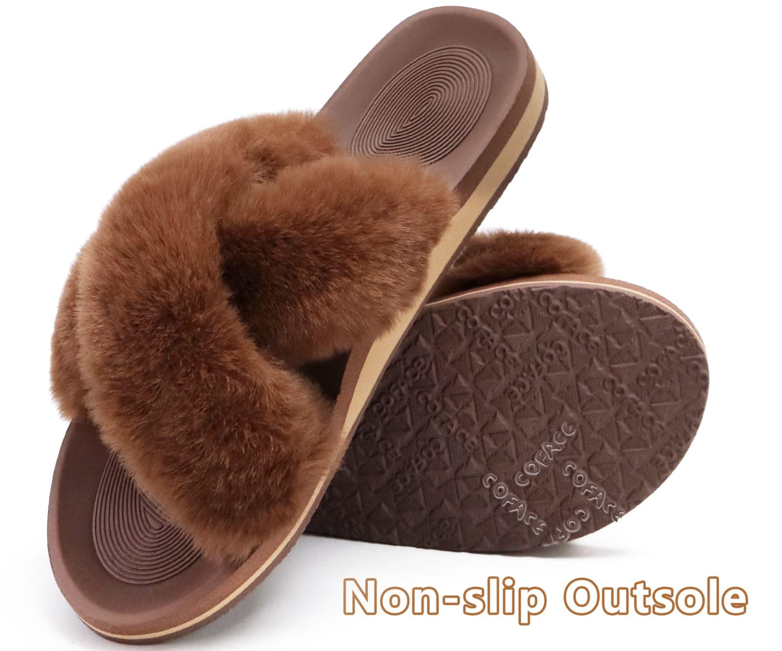 COFACE Women's Fuzzy Slides - Fluffy Faux Fur House Slippers with Arch Support, Open Toe Sandals for Indoor/Outdoor Use - Perfect for Yoga, Lounging & Home Comfort