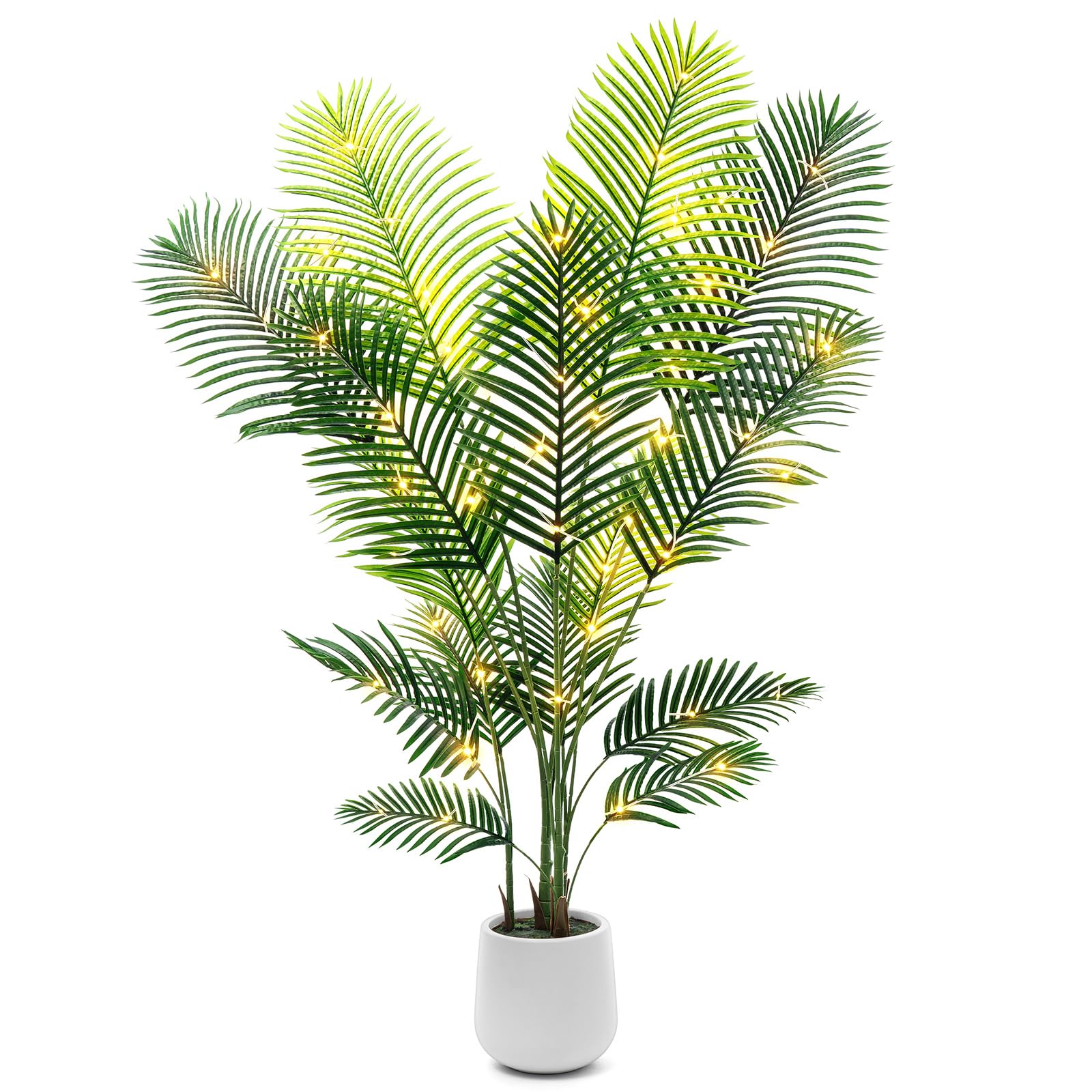 6ft Artificial Palm Tree with LED Fairy Lights & White Planter - Realistic Faux Tropical Areca Palm Plant for Home & Office Decor - Perfect for Living Room, Bedroom, Corner, Wedding, Party & Indoor Decoration