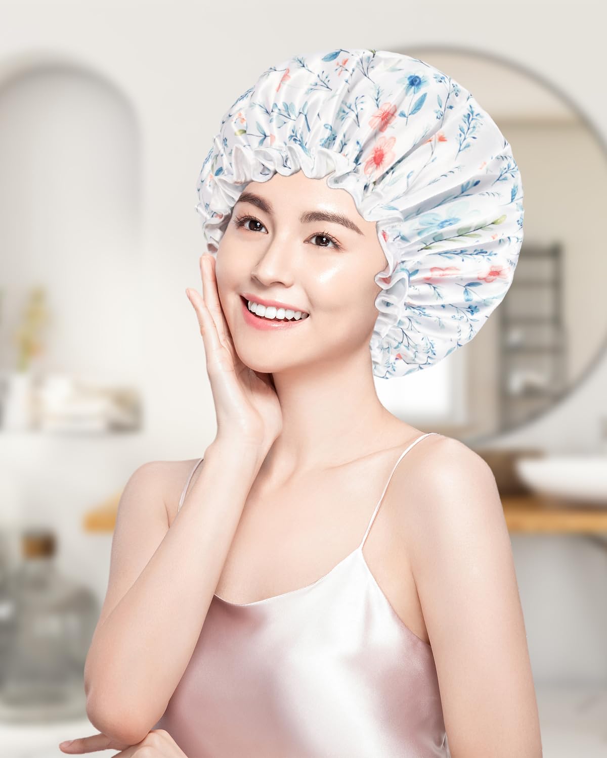 Waterproof Shower Cap for Women with Long Hair - Double Layer Reusable Bath Cap with Soft PEVA Lining | Non-Fading & Comfortable | Perfect for Swimming, Spa, Hair Care & Travel
