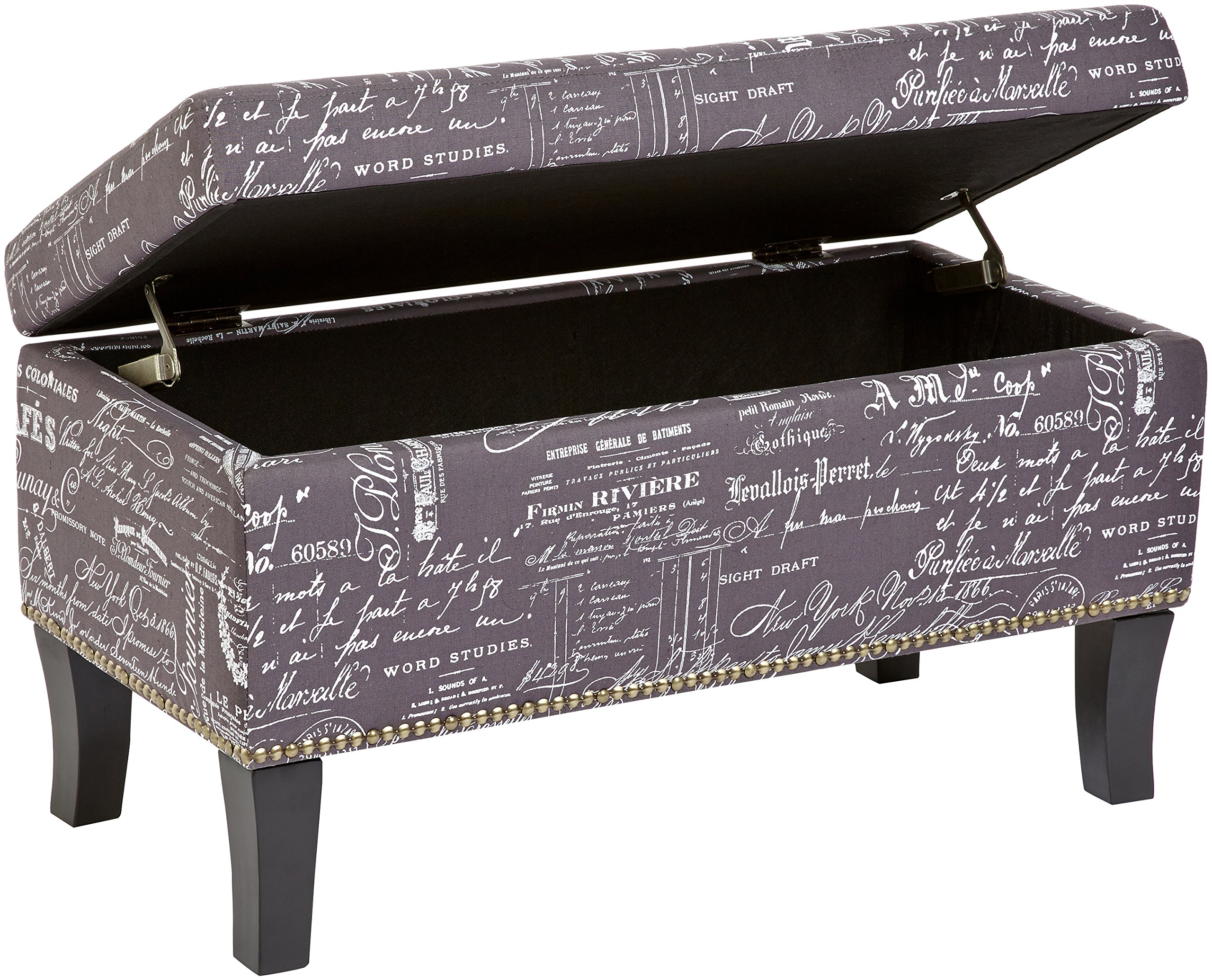 FIRST HILL FHW Endora Rectangular Fabric Storage Ottoman with Script-Style Pattern - Storm Grey | Multi-Purpose Storage Bench for Living Room, Bedroom & Entryway | Space-Saving Home Decor