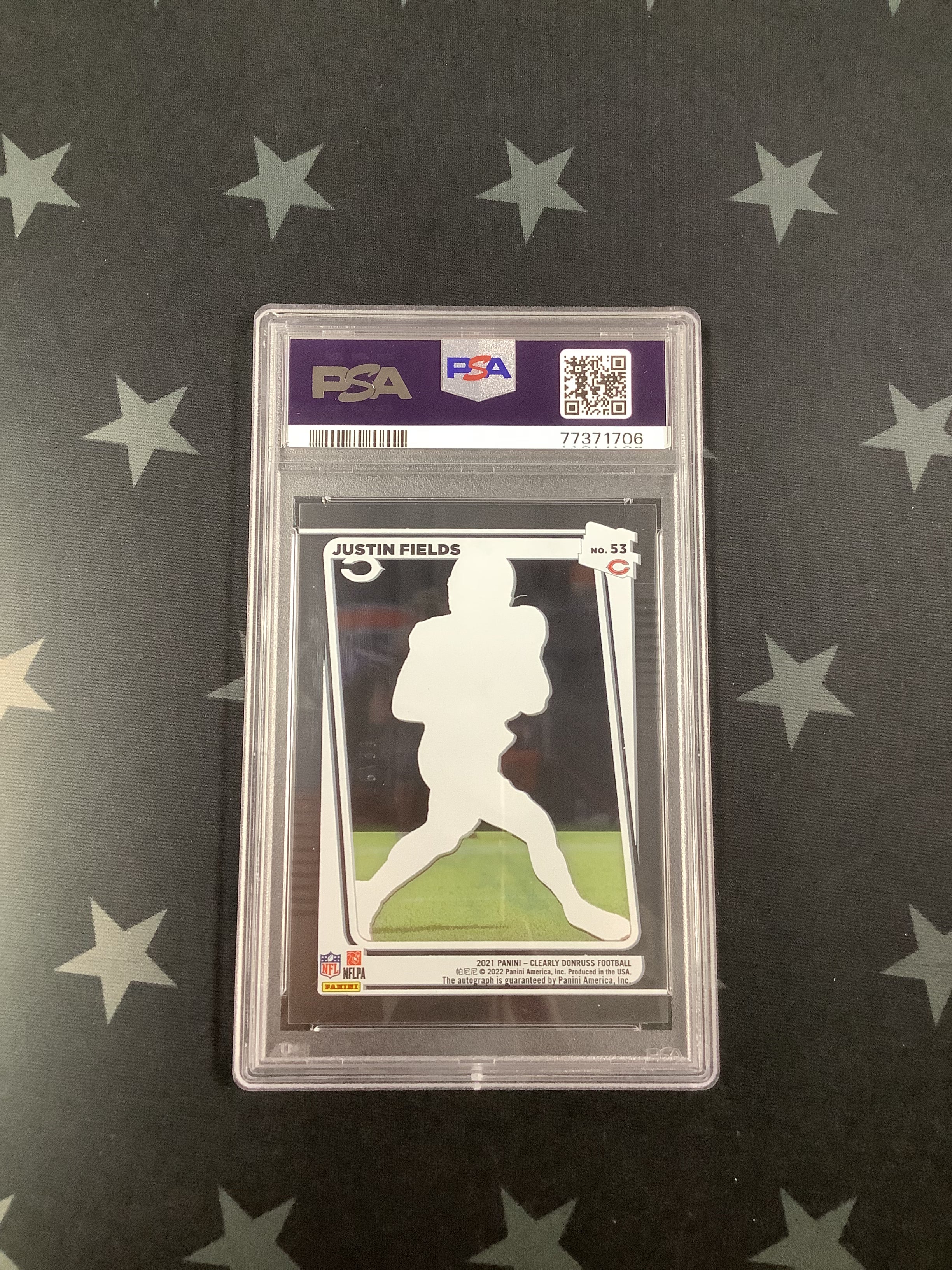 2021 Clearly Donruss Justin Fields Rated Rookie Blue Autograph Card #53/99 PSA NM-MT 8 - Perfect for NFL Collectors & Chicago Bears Fans