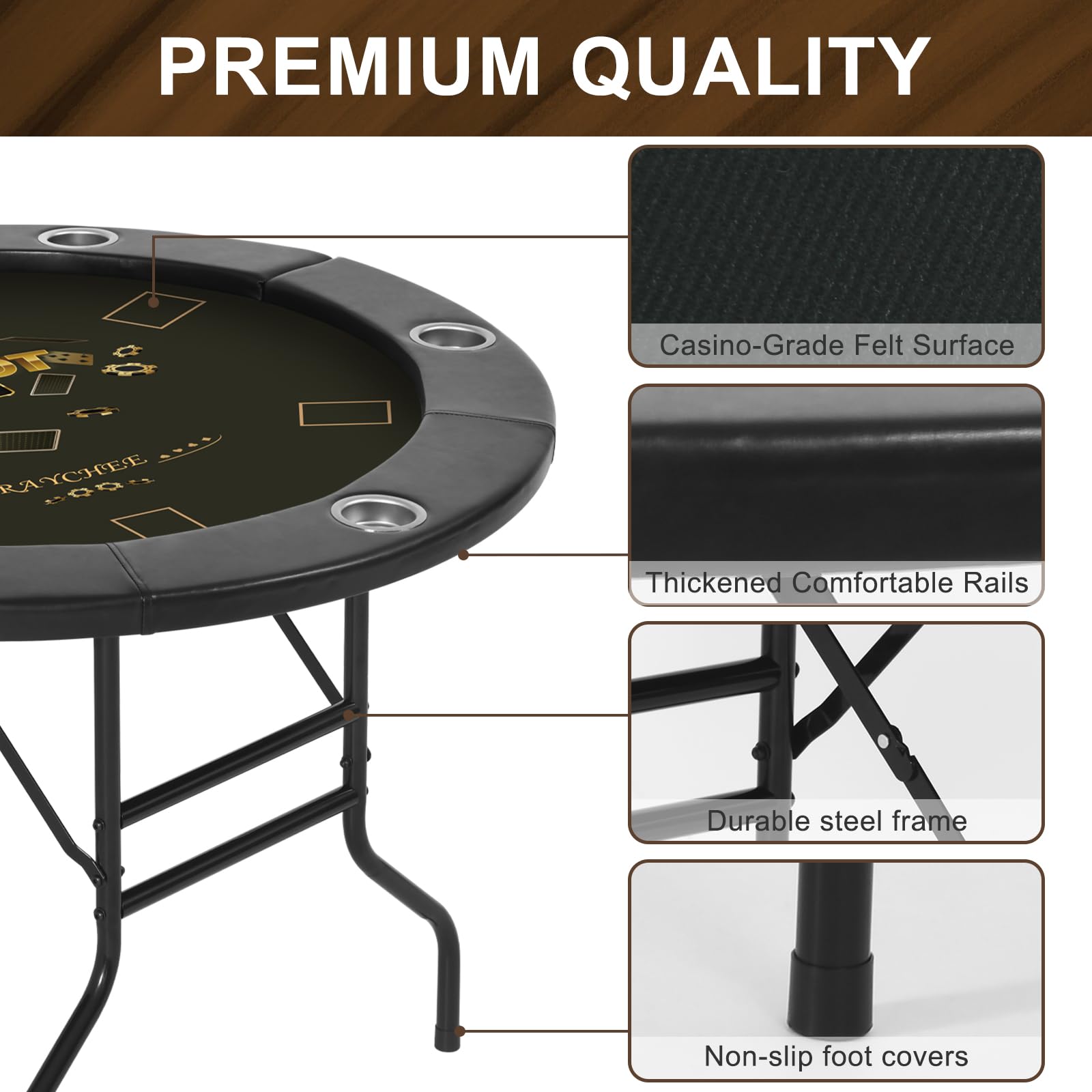 Foldable Round Poker Table for 6 Players - Portable Texas Holdem Casino Game Table with Water-Resistant Cushioned Rail & Stainless Steel Cup Holders (Black) - Perfect for Home Games, Casino Nights, and Poker Parties