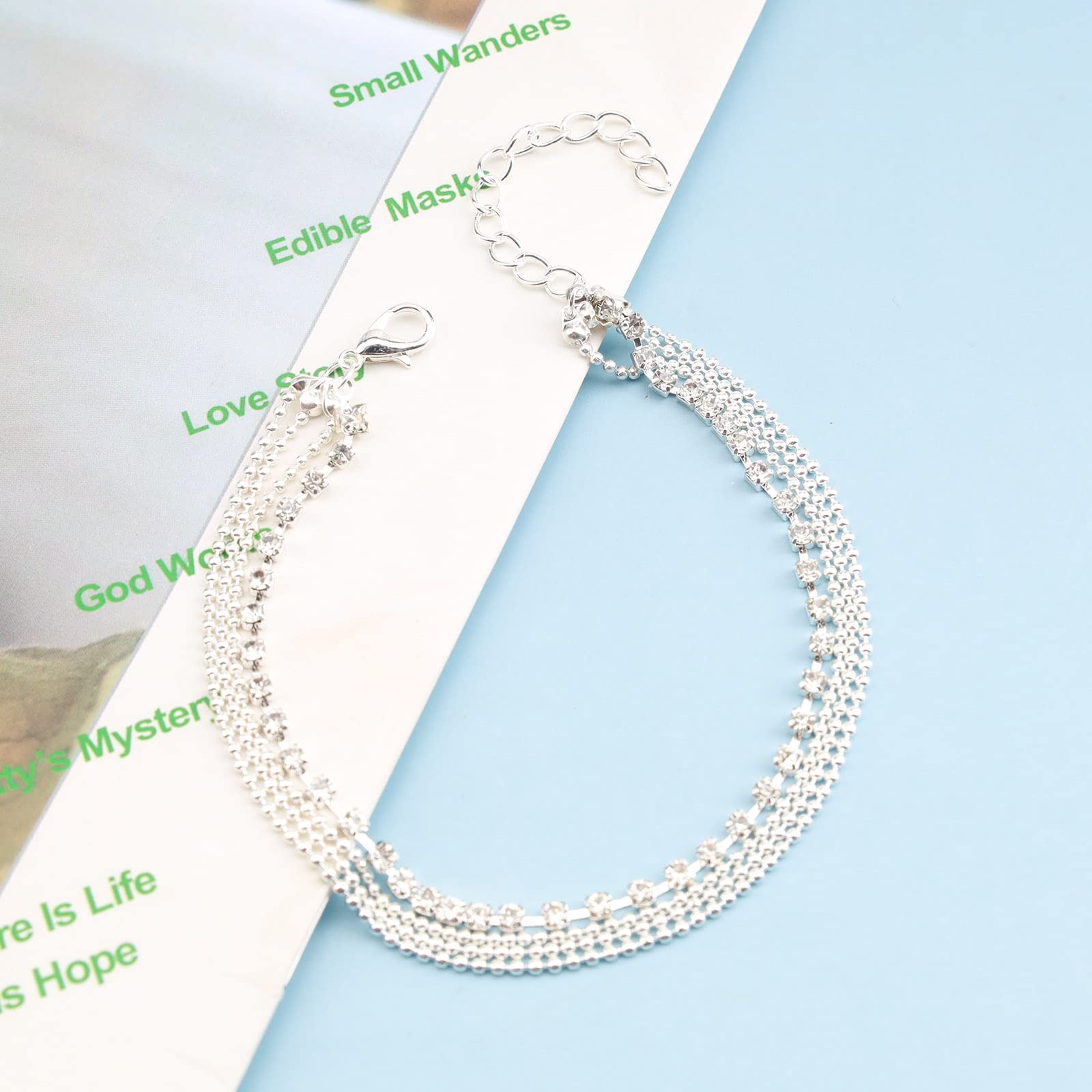 Boho Layered Rhinestone Anklet - Silver Diamond Crystal Ankle Bracelet for Women | Summer Wedding, Beach Party, Boho Festival Jewelry | Barefoot Sandals & Beaded Foot Chain Accessories