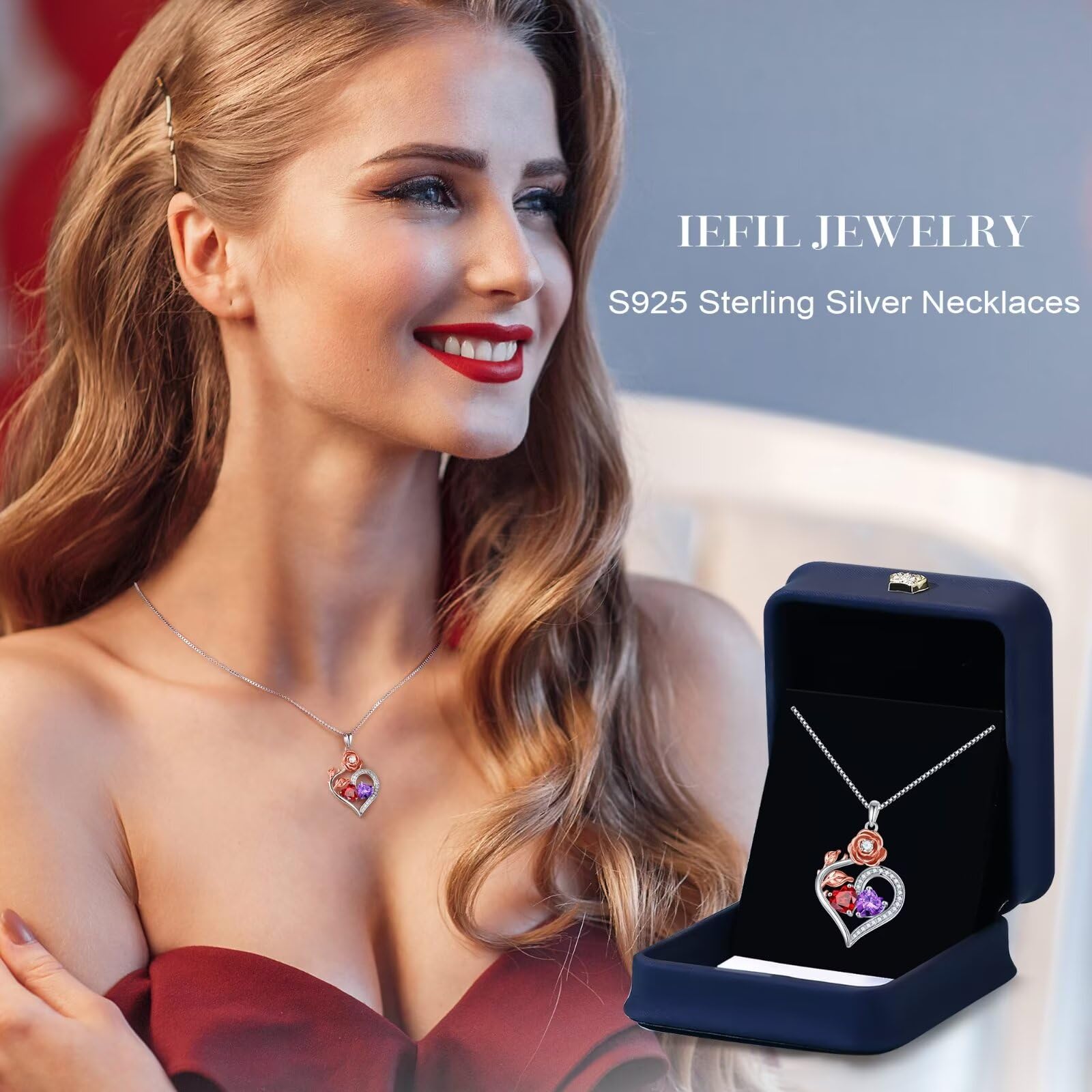 Rose Heart Birthstone Necklace for Women - 925 Sterling Silver Double Birthstone Pendant, Personalized Anniversary & Birthday Gift for Wife, Her, Mom - Perfect for Valentine's Day, Mother's Day & Special Occasions