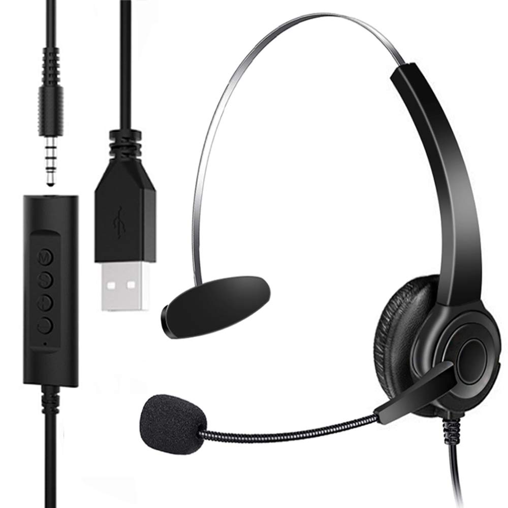 Noise Cancelling USB Headset with Microphone - 3.5mm Jack Computer Headphone for PC, Call Center & Gaming - Single Ear Headset with Audio Controls for Skype, Office Work & Online Meetings (Ideal for Remote Work & Customer Support)