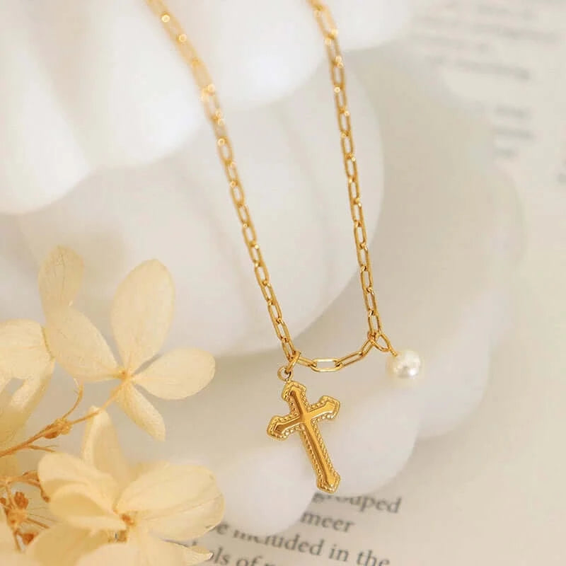18K Gold Pearl Cross Charm Anklet Chain for Women - Elegant Adjustable Ankle Bracelet for Daily Wear, Gift, and Special Occasions | S098