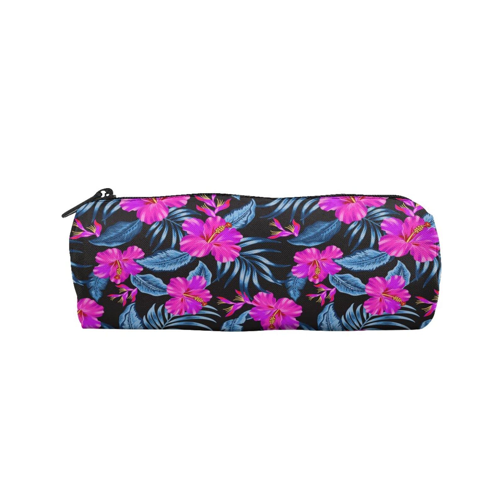Colorful Tropical Flower Canvas Pencil Pouch - Zippered Pen Case for School, Office & Travel - Organize Pens, Pencils, Markers & Makeup - Durable Fashion Stationery Bag with Palm Leaf Design