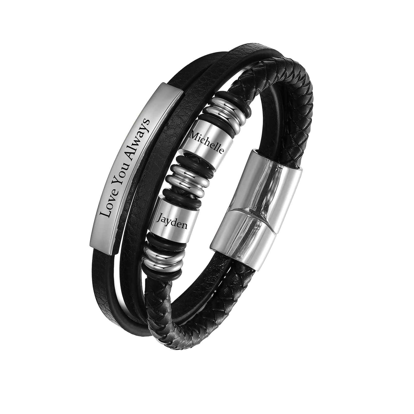 Custom Engraved Men's Leather Bracelet with 2-4 Name Beads - Personalized Gift for Dad, Son, Boyfriend & Husband - Perfect for Father's Day, Anniversary & Birthday Gifts
