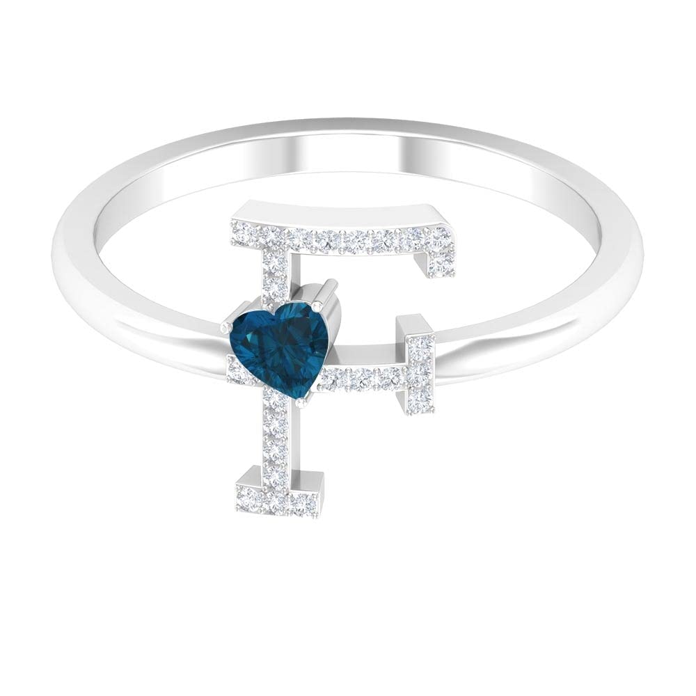 London Blue Topaz & Diamond Rings | Diamond Alphabet A-Z Initial Rings for Women | 14K White Gold Heart Rings | Perfect for Engagements, Anniversaries & Special Gifts