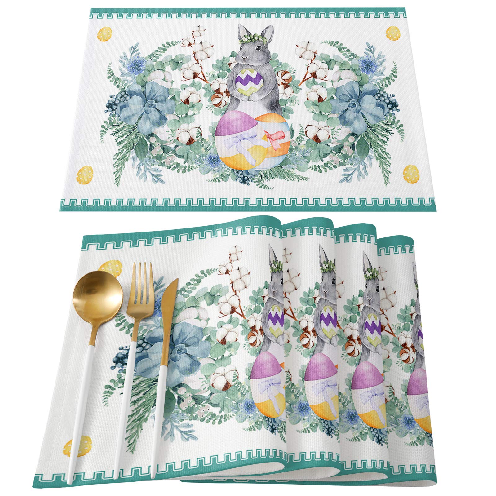 Easter Rabbit Placemats Set of 4 - Heat-Resistant Non-Slip Cotton Linen Table Mats for Dining Table, Kitchen, Party & Banquet Decor - Multicolor Eggs Flower Design Washable Durable Table Mats for Easter Dinner, Spring Celebrations & Home Decor