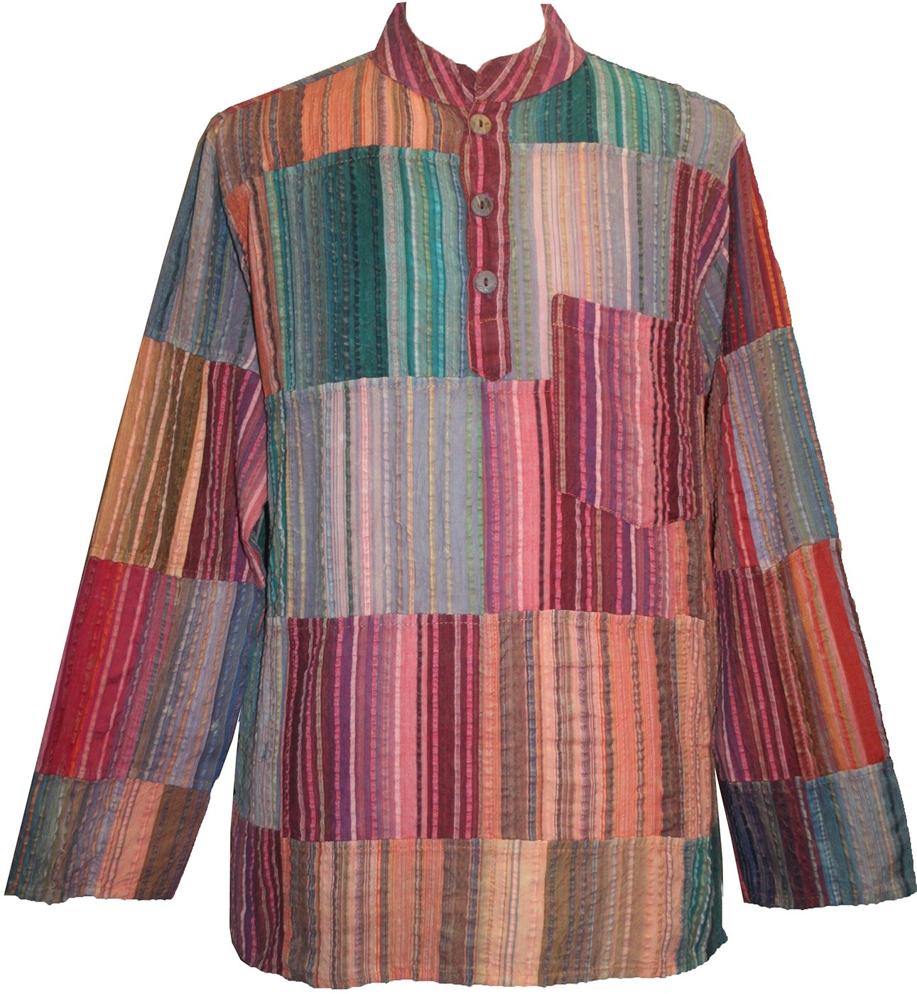 Agan Traders 2025 Spring Men's Patchwork Boho Cotton Henley Shirt - Granddad Collar Lightweight Short Kurta for Men | Casual Wear, Beach Outfit & Festival Fashion