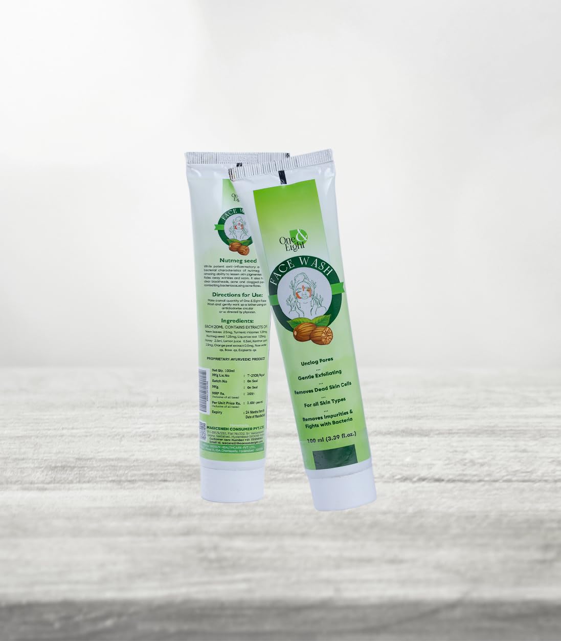 One & Eight Ayurvedic Face Wash for All Skin Types - Gentle Exfoliating, Unclogs Pores, Removes Dead Skin & Impurities, Fights Bacteria | Daily Cleansing for Acne-Prone, Oily & Sensitive Skin | Perfect for Morning & Night Skincare Routine