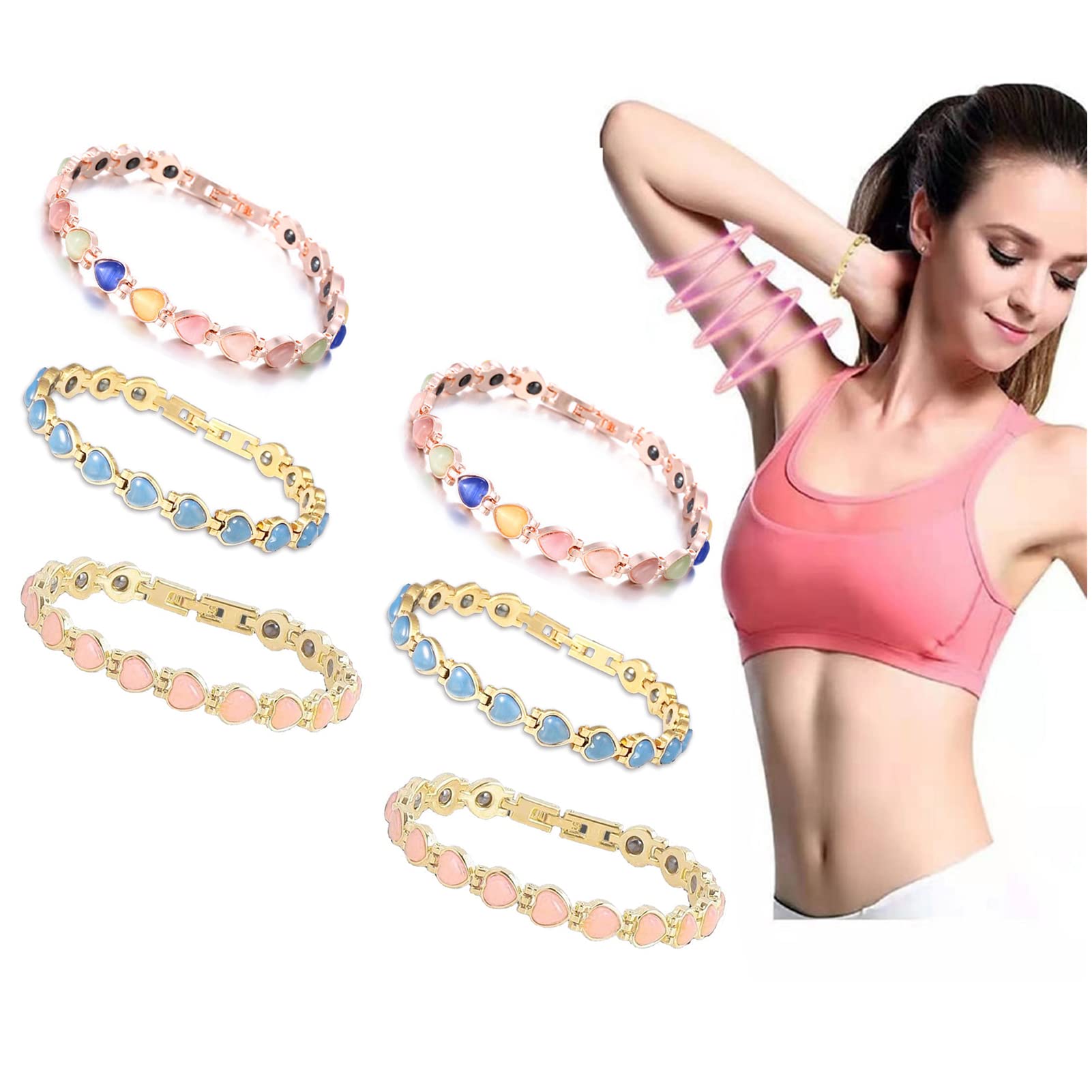 XLAQ PulseFIT Magnetic Slimming Bracelet Set - 6pcs Opal Magnetic Therapy Bracelets for Lymphatic Drainage & Detox - Pain Relief & Wellness Jewelry for Women - Perfect for Yoga, Workouts, and Daily Wear