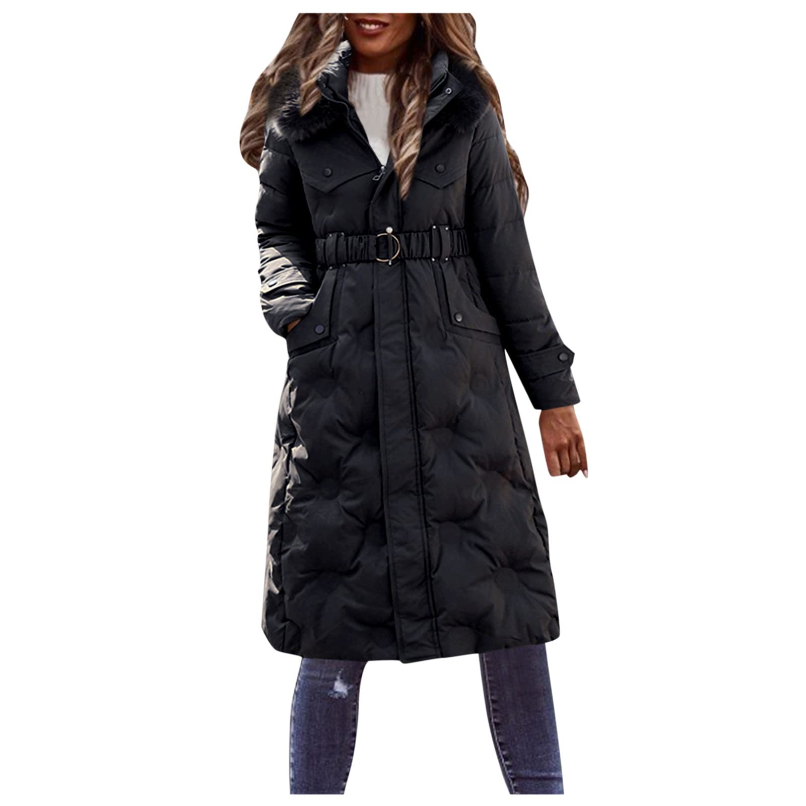 Women's White Winter Coat - Slim Waist Down Padded Jacket with Belt, Vintage Style for Cold Weather | Perfect for Office, Dating & Outdoor Activities