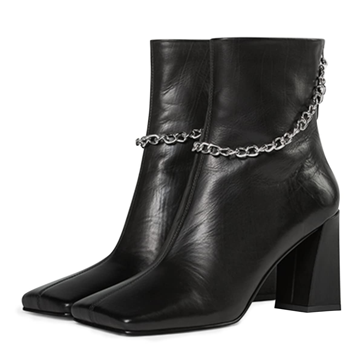 YDN Women's Vintage Square Toe Ankle Boots with Zipper - Chunky Block Heel Mid Calf Booties - Stylish Chain Detail Dress Shoes for Office Ladies (US Size 4-15) - Perfect for Work, Date Night & Fall Fashion Outfits