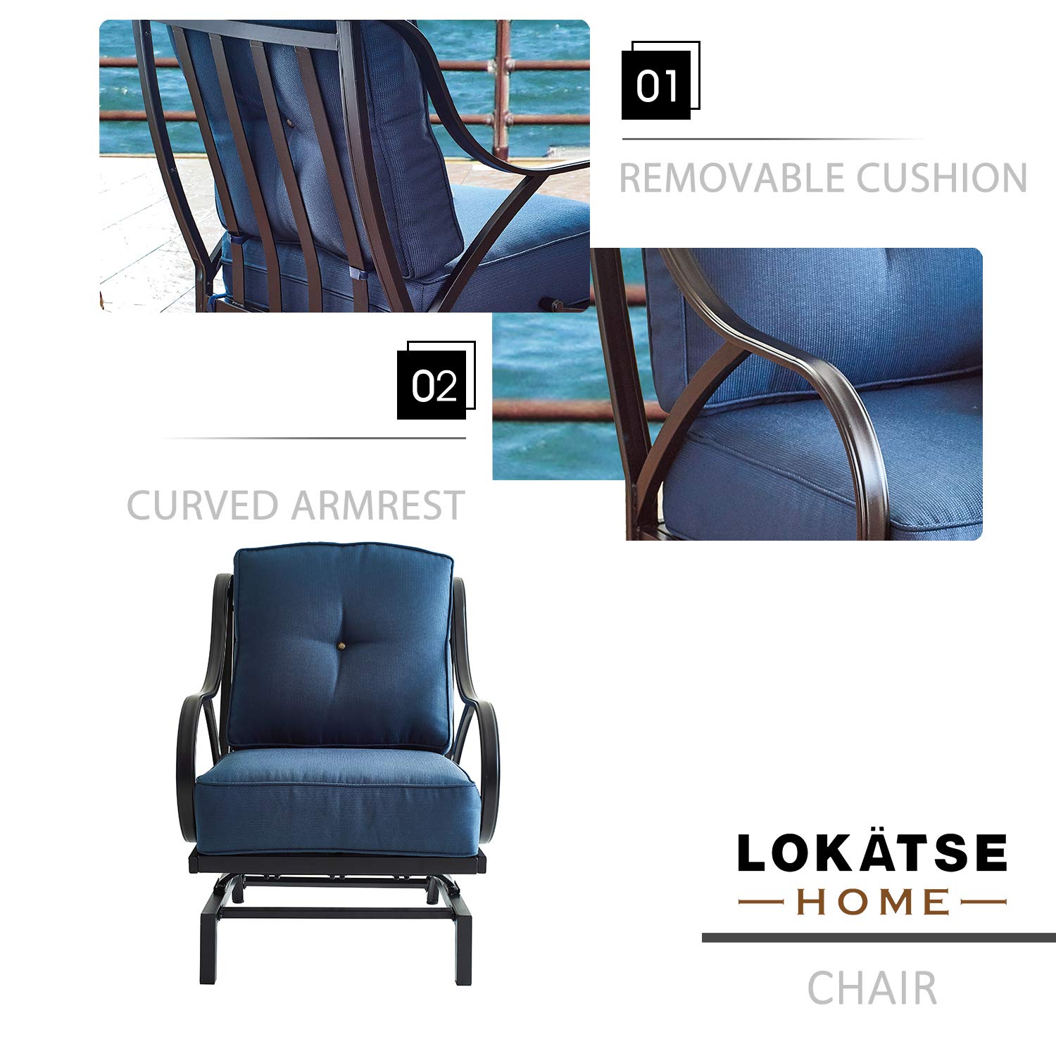 LOKATSE HOME Outdoor Bistro Chair - Wrought Iron Patio Furniture with Thick Cushions & Curved Armrests - Weather-Resistant Metal Conversation Armchair in Blue - Perfect for Garden, Deck, Poolside & Outdoor Dining Areas