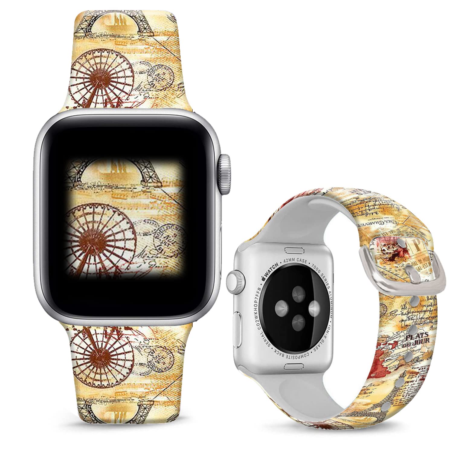Paris Eiffel Tower Floral Apple Watch Bands - Compatible with 42mm 44mm 45mm 49mm iWatch Series SE/8/7/6/5/4/3/2/1 - Durable Silicone Replacement Straps for Men & Women - Perfect for Fashion Accessories, Daily Wear & Gift Giving