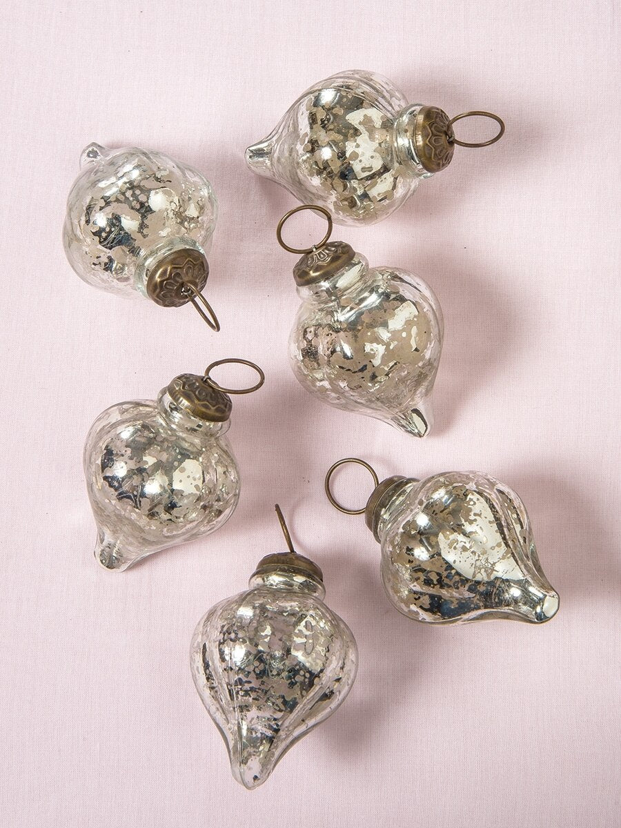 6 Pack Mercury Glass Small Ornaments (3.25 inch, Silver, Carla Design) – Vintage Christmas Decorations, Holiday Party Decor, Elegant Home Decor Gift for Special Occasions | Perfect for Tree Trimming, Mantel Displays & Festive Tablescapes