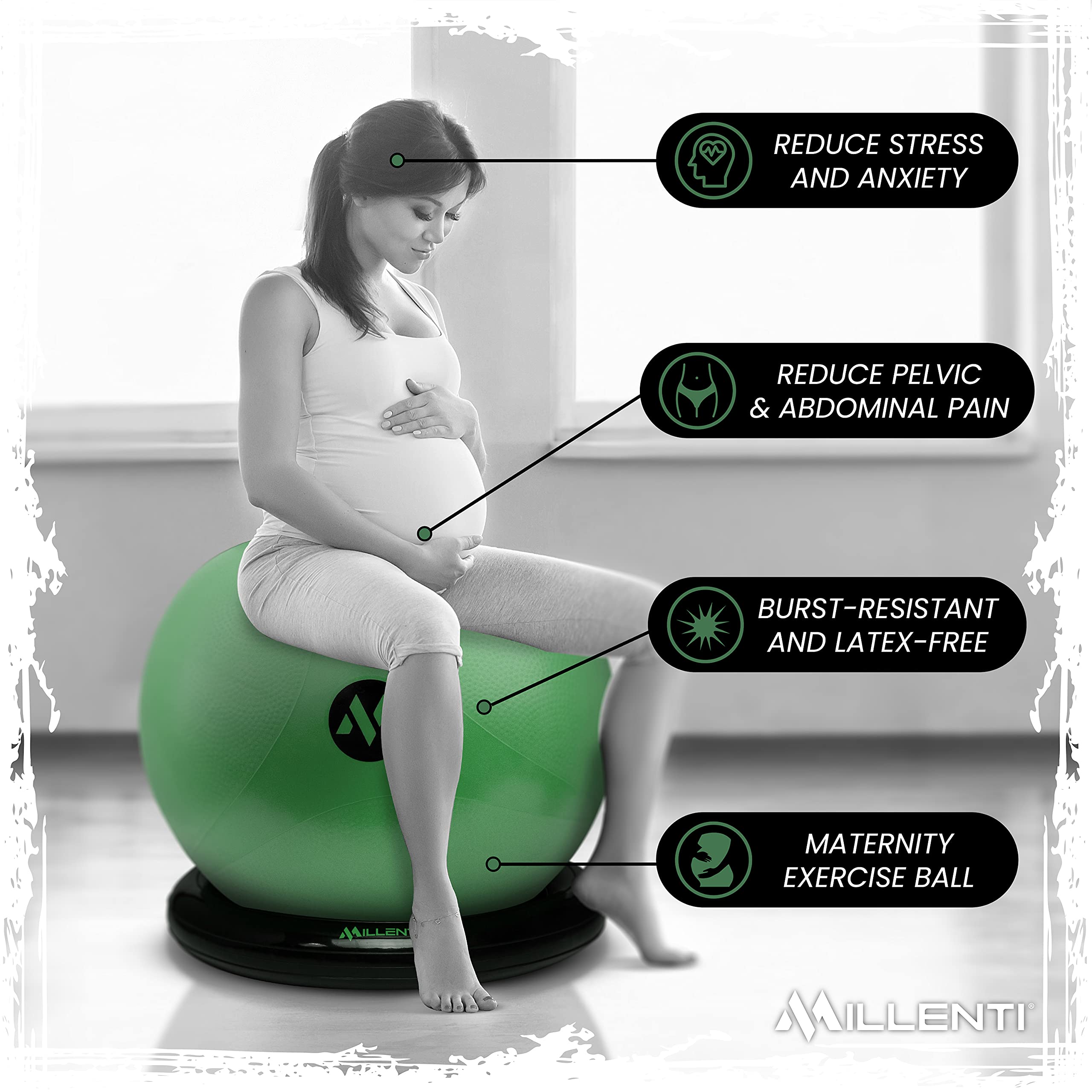 Millenti 65cm Exercise Ball Chair with Stability Base Ring Kit & Resistance Bands - Yoga, Pilates, Home Gym, Office Chair & Pregnancy Birthing Ball - Includes Workout Chart for Fitness & Posture Support