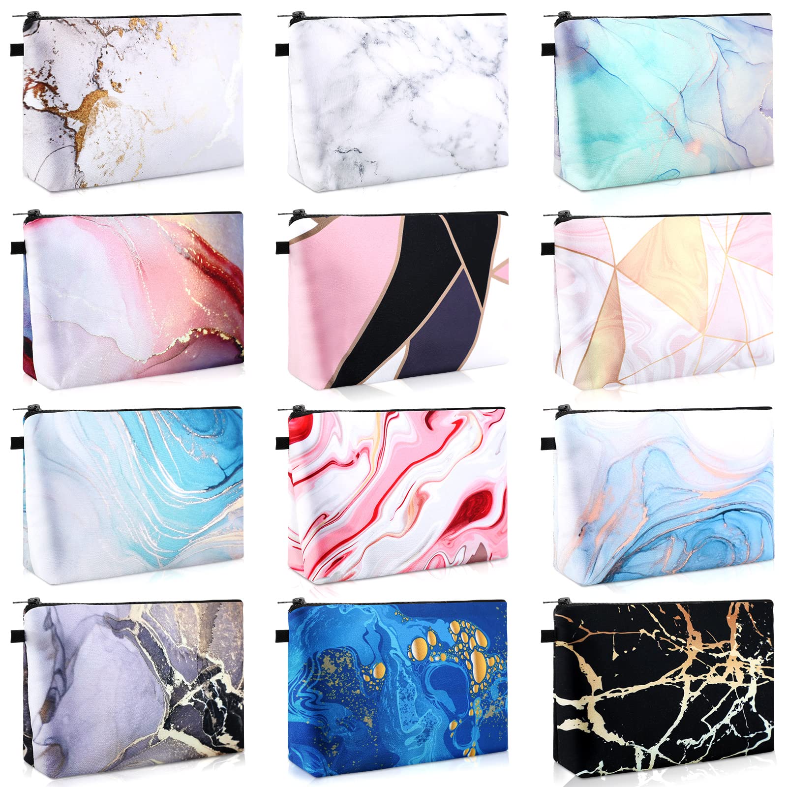 12-Piece Waterproof Printed Makeup Bags Set with Zipper - Large Roomy Cosmetic Organizer Pouches for Women (Marble Style) | Perfect for Travel, Gym & Daily Beauty Storage