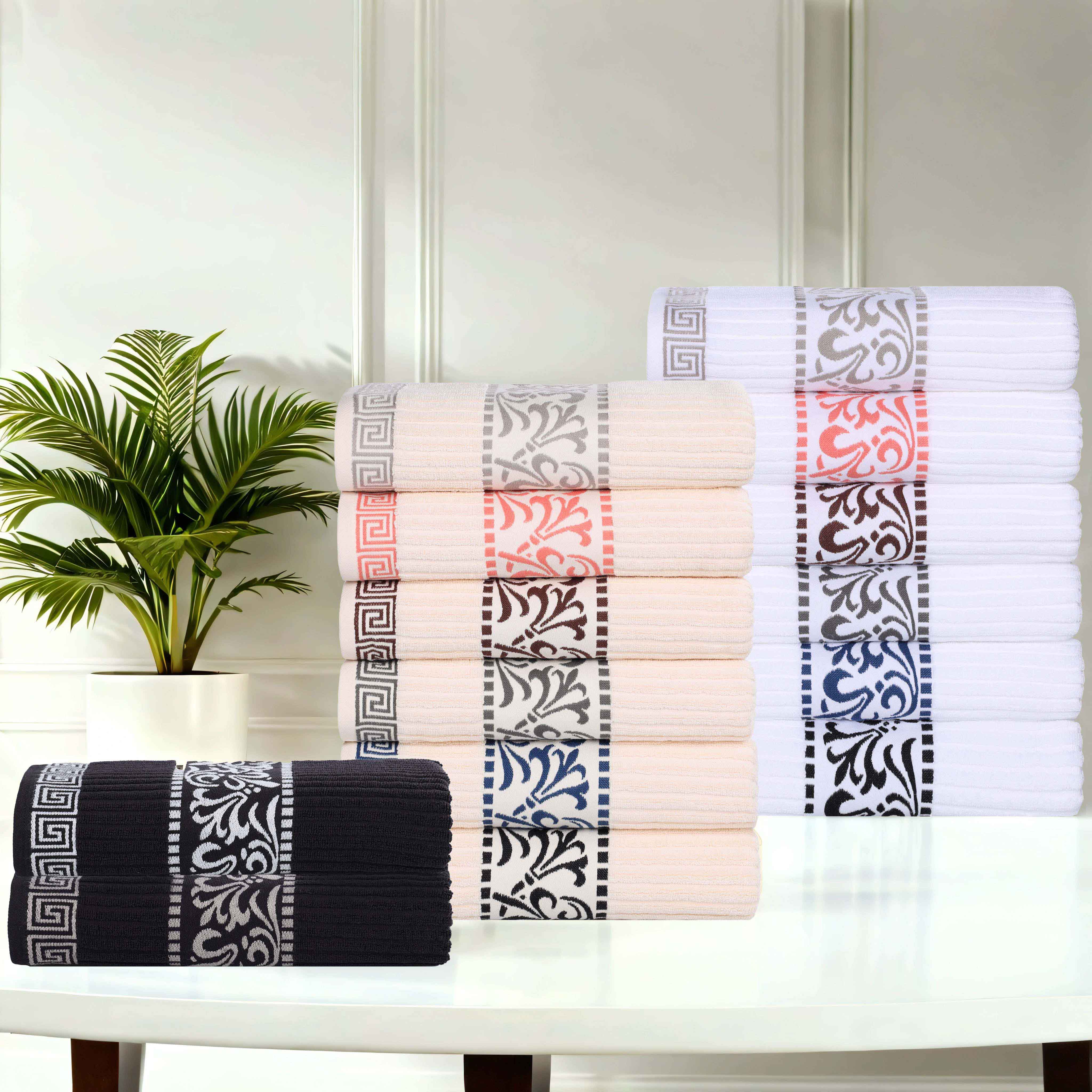Premium Athens Cotton Greek Scroll & Floral 4-Piece Bath Towel Set - Soft & Absorbent for Spa, Bathroom & Guest Room Decor