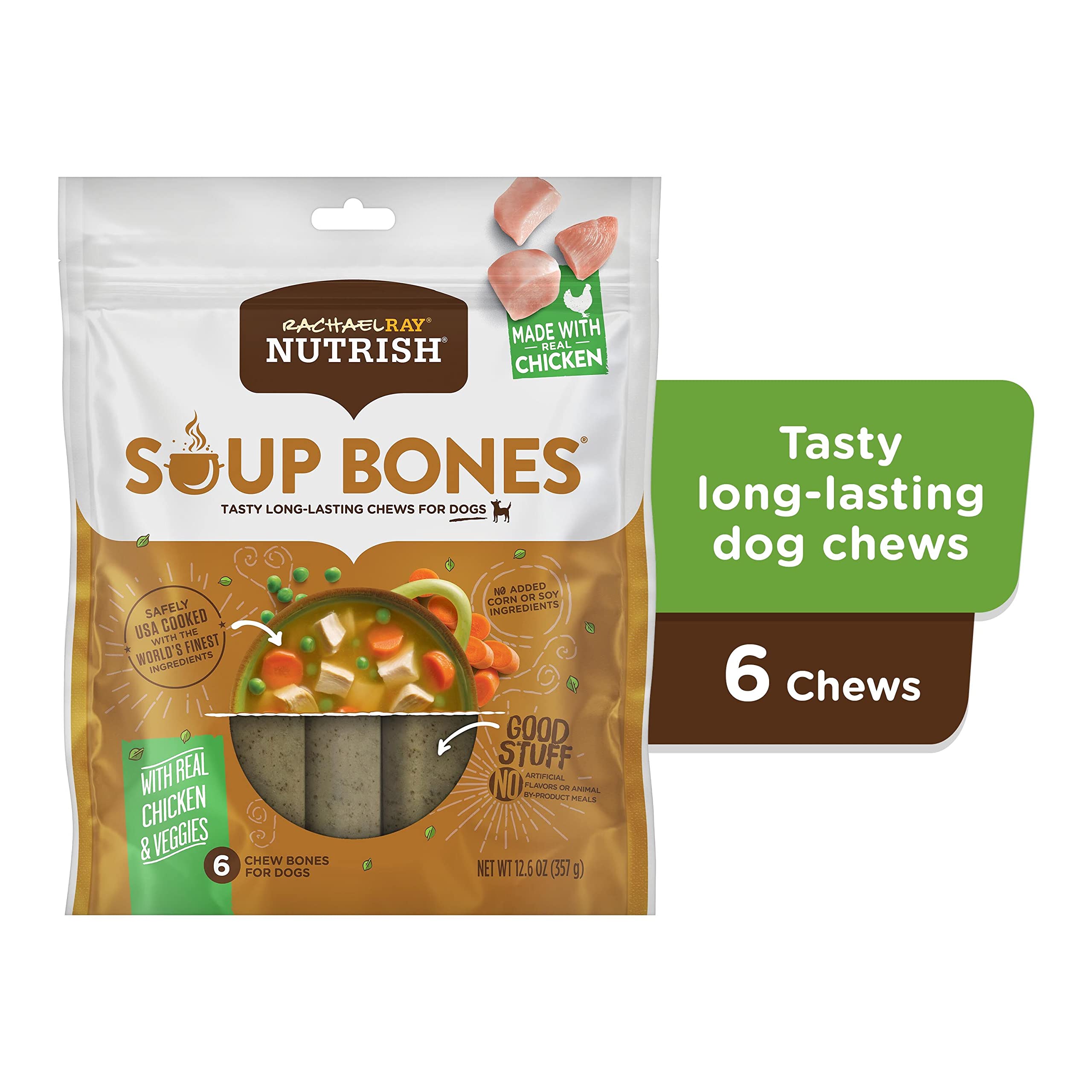 Rachael Ray Nutrish Soup Bones Dog Treats - Chicken & Veggies Flavor, 6 Count | Natural & Healthy Dog Chews for Small & Large Breeds | Perfect for Training, Rewards & Dental Health