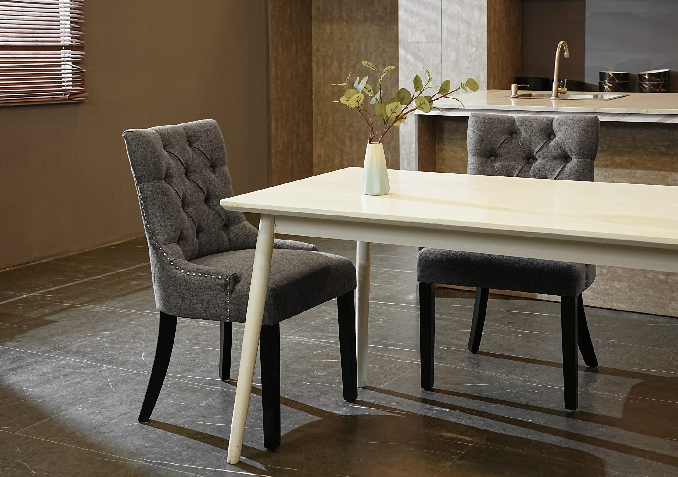 Modern Dark Grey Upholstered Dining Chairs Set of 2 - Tufted Fabric Kitchen Chairs with Black Wood Legs for Dining Room & Living Room Accent - Perfect for Home Decor, Family Gatherings and Dinner Parties