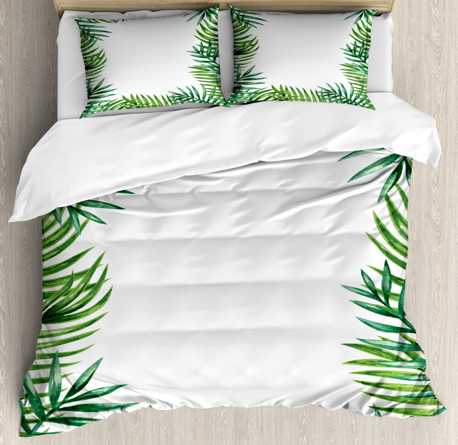 Ambesonne Green Leaf Duvet Cover Set - Botanical Natural Artwork with Fresh Leaves, 3 Piece Bedding Set Includes Duvet Cover & 2 Pillow Shams, California King Size, Jade & Lime Green - Perfect for Nature-Inspired Bedroom Decor & Forest-Themed Home Styling