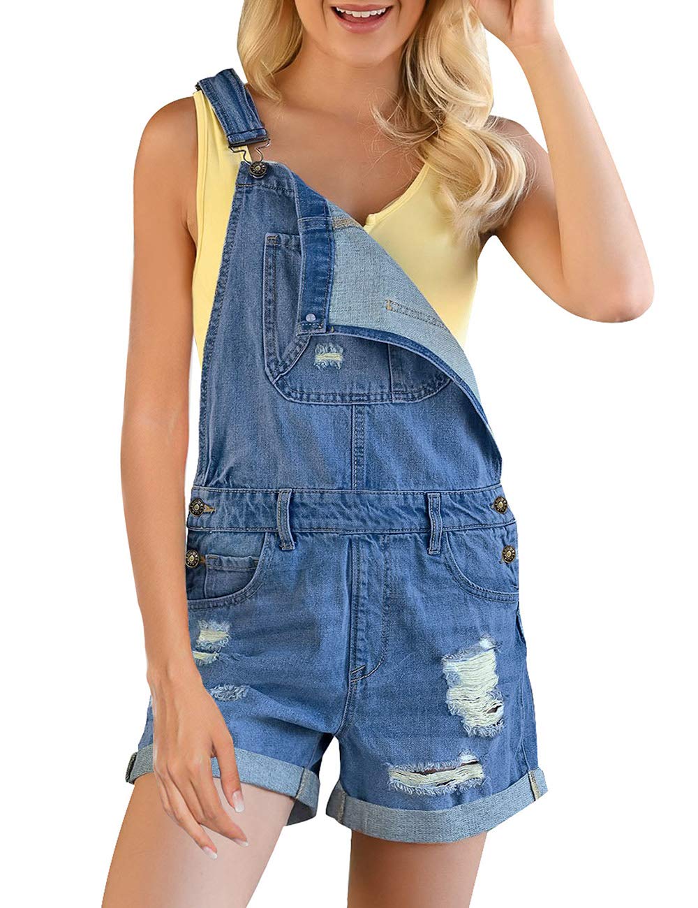 GRAPENT Women's Ripped Denim Shortalls - Adjustable Strap Bib Overalls, Distressed Jean Shorts for Women | Casual Summer Outfits, Music Festivals & Streetwear Fashion