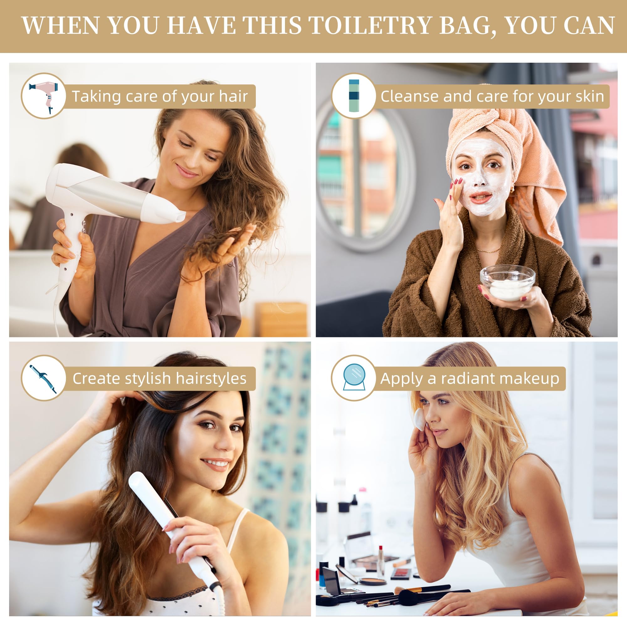 LOKASS Large Waterproof Hanging Toiletry Bag for Women - Travel Makeup Cosmetic Organizer with Hook for Shampoo & Toiletries - Perfect for Vacation, Gym, Camping & Business Trips (Brown)