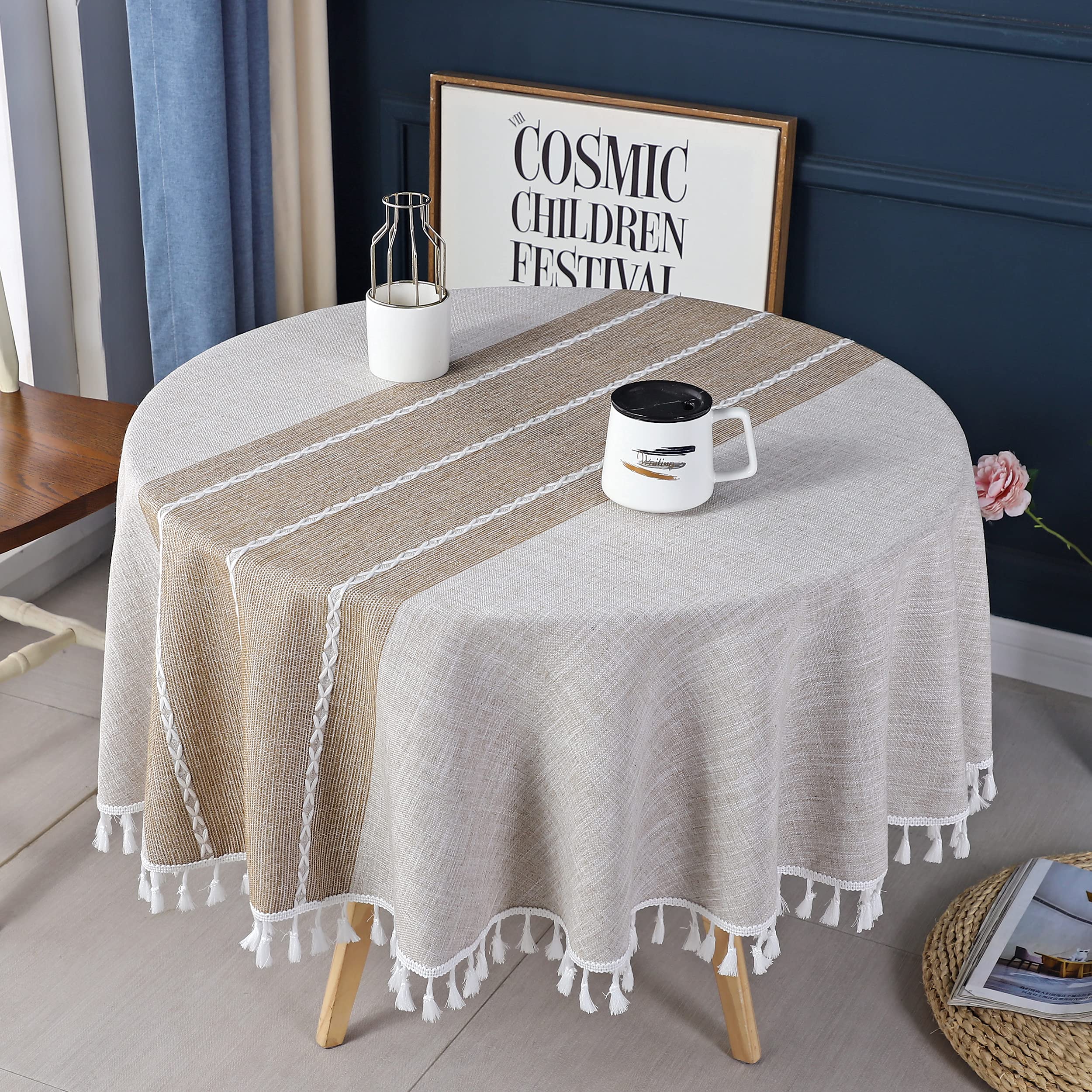 KAYSUN Rustic 55x55 Inch Round Tablecloth - Waterproof Linen Burlap Table Cover with Tassel Trim | Wrinkle-Free Outdoor Dining Cloth for Kitchen, Party, Picnic | Perfect for Coffee Tables, Patio Dining & Special Events