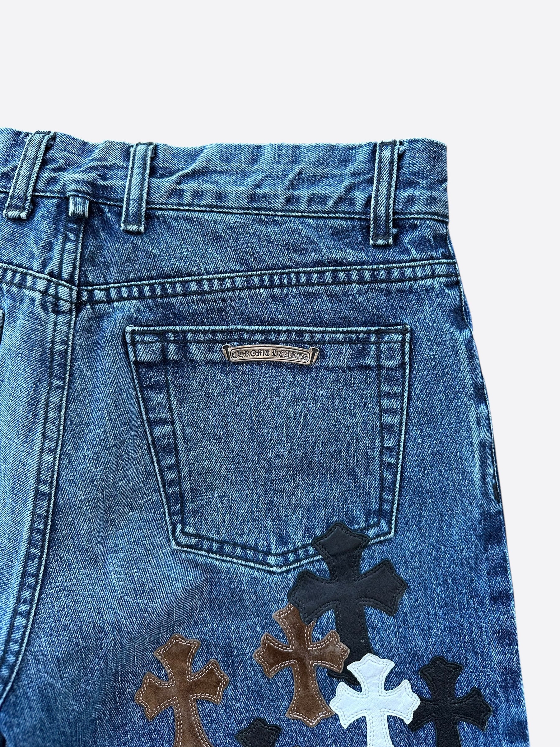 Chrome Hearts Blue Multicolor Cross Patch Jeans for Men & Women - Stylish Distressed Denim Pants with Embroidered Cross Design - Perfect for Casual Wear, Street Style & Fashion Outfits