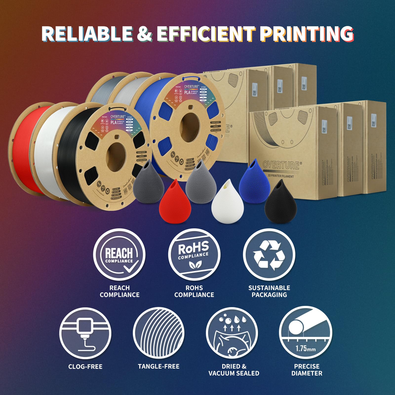Overture PLA Filament 1.75mm 3D Printer Filament - 6kg (13.2lbs) Cardboard Spool, ±0.02mm Dimensional Accuracy, Compatible with Most FDM Printers (6 Colors) - Perfect for Home DIY, Cosplay Props, and Educational 3D Printing Projects