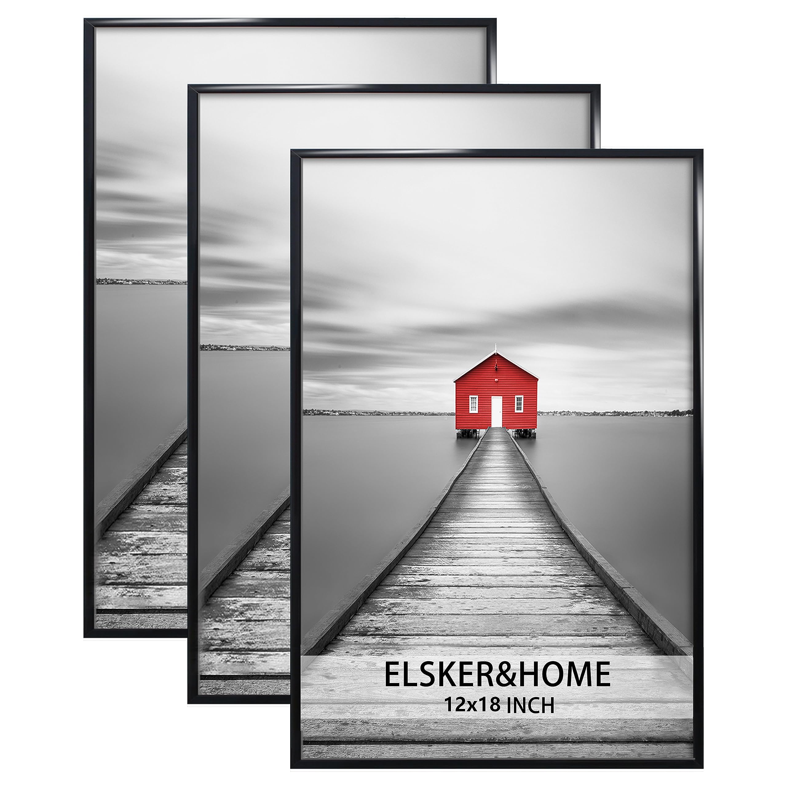 ELSKER&HOME 12x18 Picture Frame 3 Pack - Black 12x18 Poster Frames for Wall Display, Horizontal or Vertical Hanging, Durable Scratch-Resistant - Perfect for Home Decor, Office Art, Gallery Wall & Photo Displays