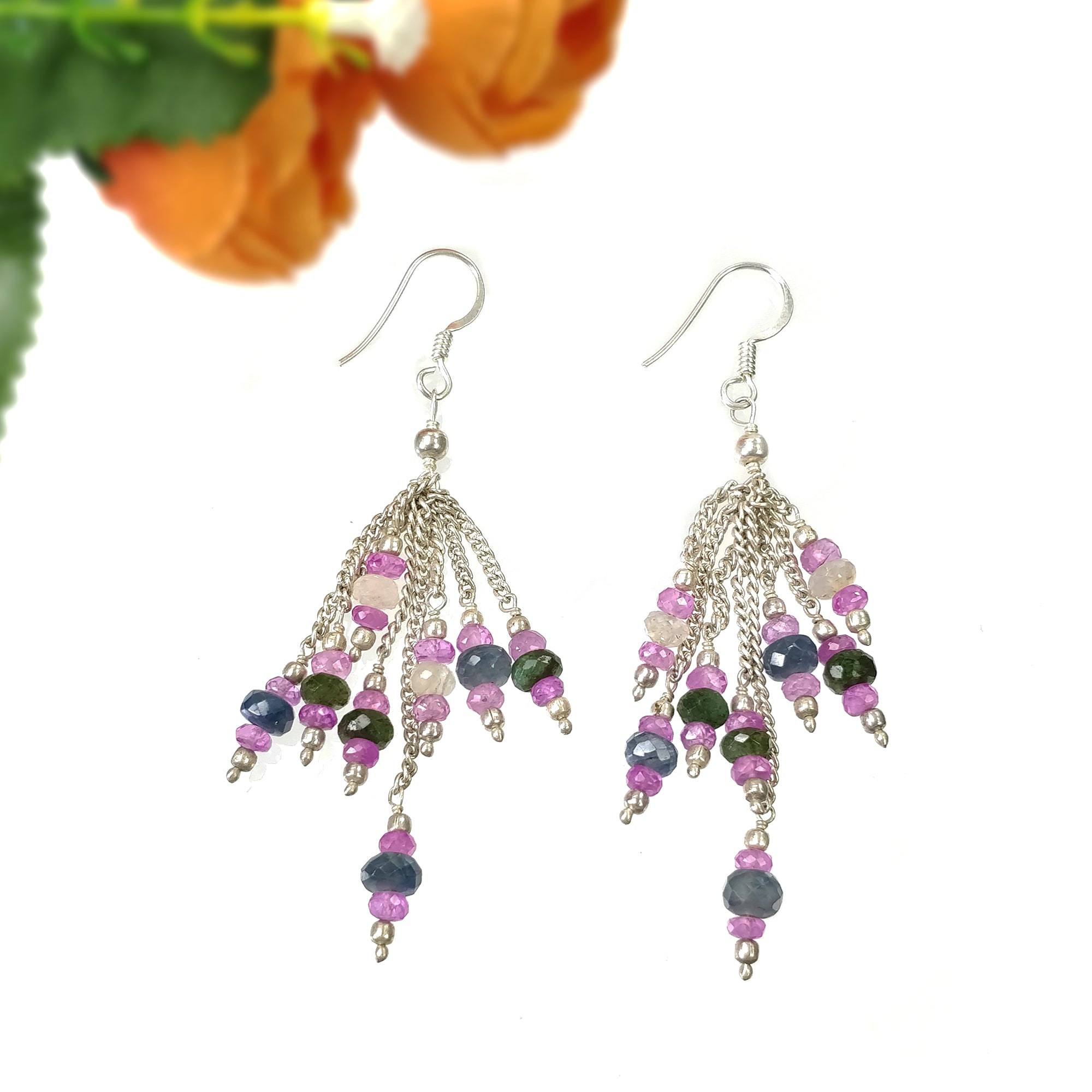 Natural Multi Sapphire Gemstone 925 Sterling Silver Beaded Drop Dangle Earrings for Women | 2.75 Inch Statement Hook Earrings | Perfect for Weddings, Parties & Special Occasions
