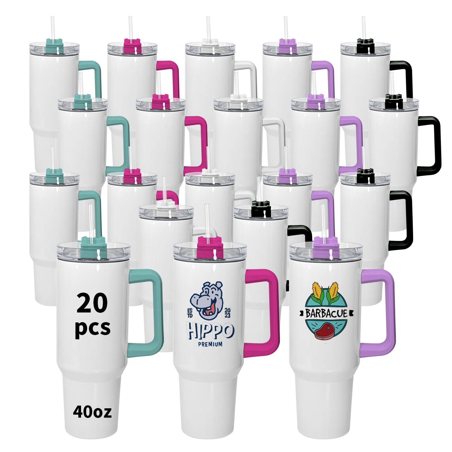 40oz Stainless Steel Sublimation Tumbler with Handle & Lid - 20 Pack Colorful Double Wall Vacuum Insulated Travel Mugs - Keeps Drinks Hot/Cold for Hours - Perfect for Coffee, Iced Tea, Water & Outdoor Activities (Camping, Gym, Office)